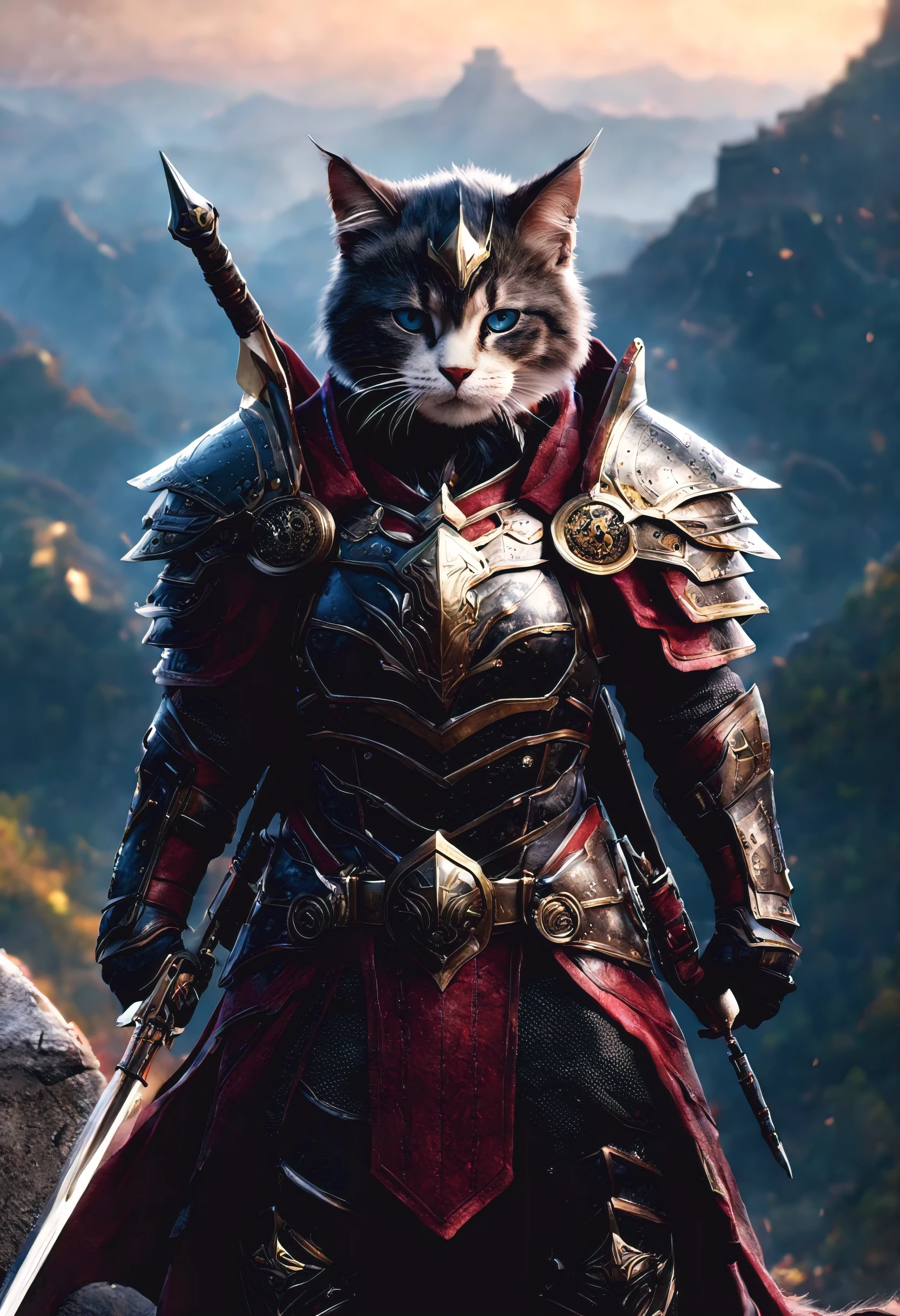 official art, unified 8k wallpaper, super detailed, Beautiful and beautiful, masterpiece, best quality, Costume animals page, Dirk Fintas，watching a film《lord of the ring》style of，Real-world scenarios，Epic war scenes，(cute cat warrior:1.2), (whole body), Wear exquisite armor and helmets，Holding a long sword，In battle，(The Great Wall background:1.3)，(cool color:1.3)，texture，Ray tracing，