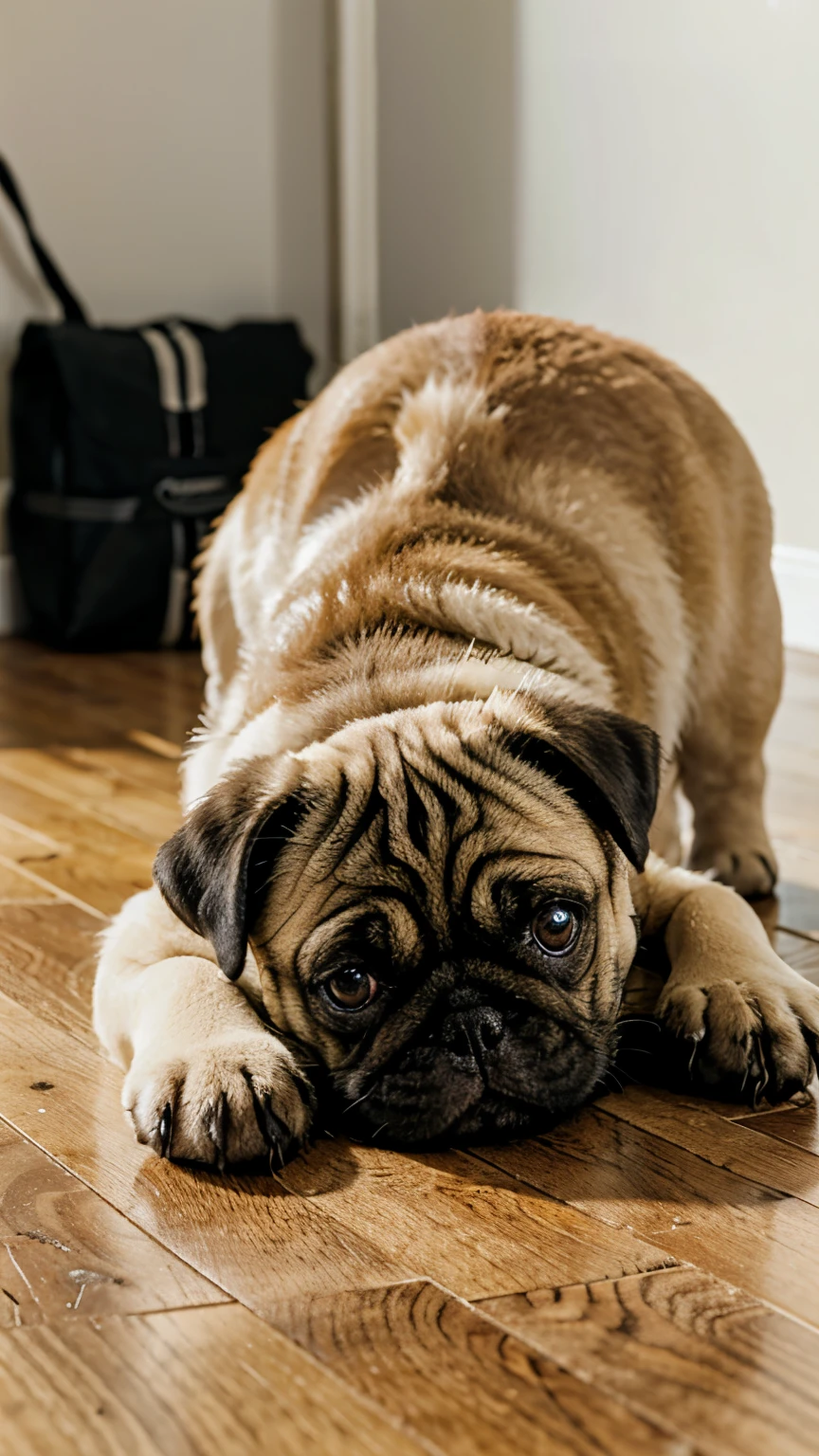 pug puppy sitting on the floor with heqd slightly tilted to side