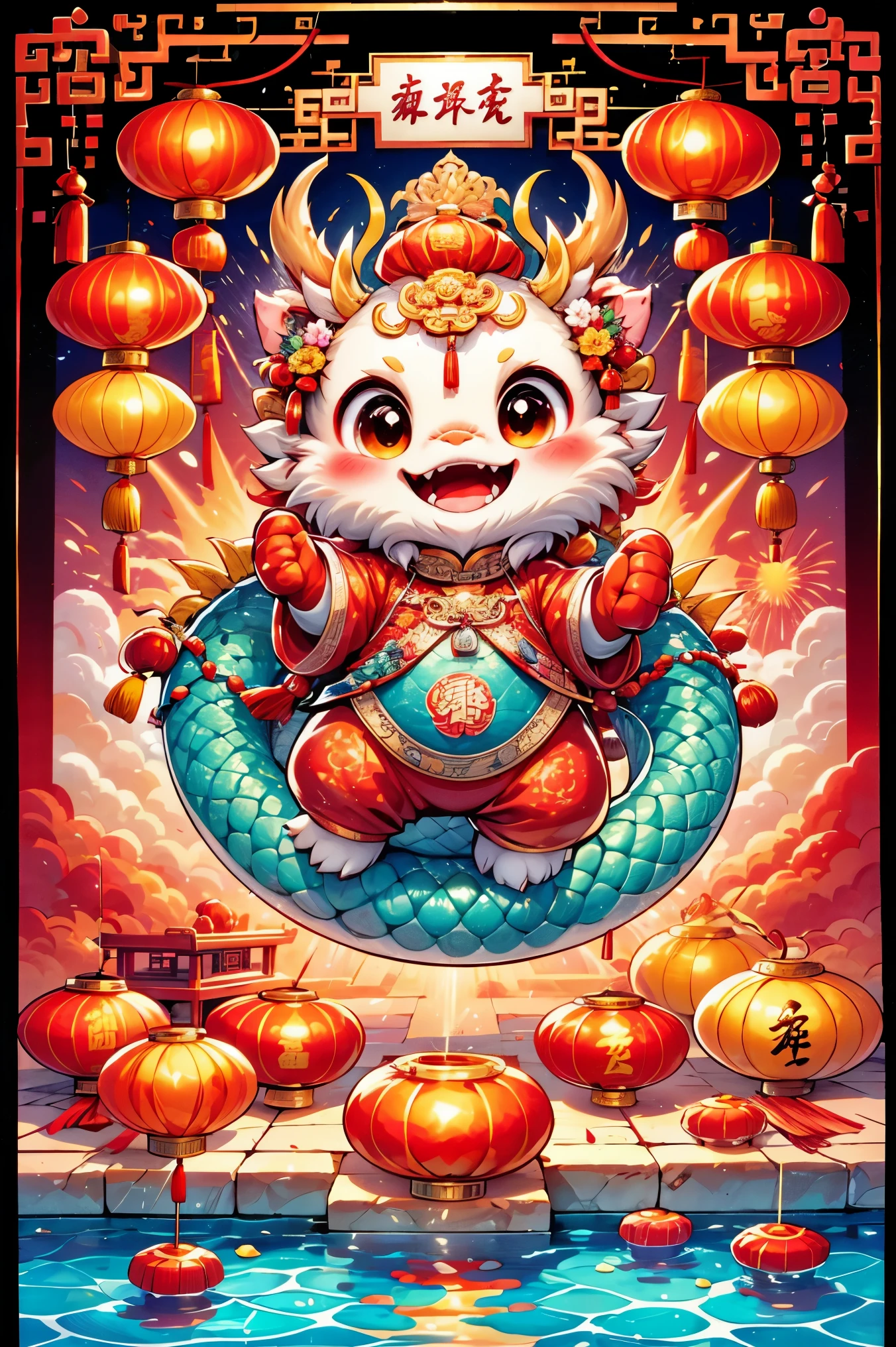 1 Chinese dragon, Chinese red palace background, medium shot scene, Chinese style, Spring Festival, lanterns, fireworks, firecrackers, floral fragrance, stone fragments, beautiful and delicate water, moiré floor，Cute Chinese Dragon