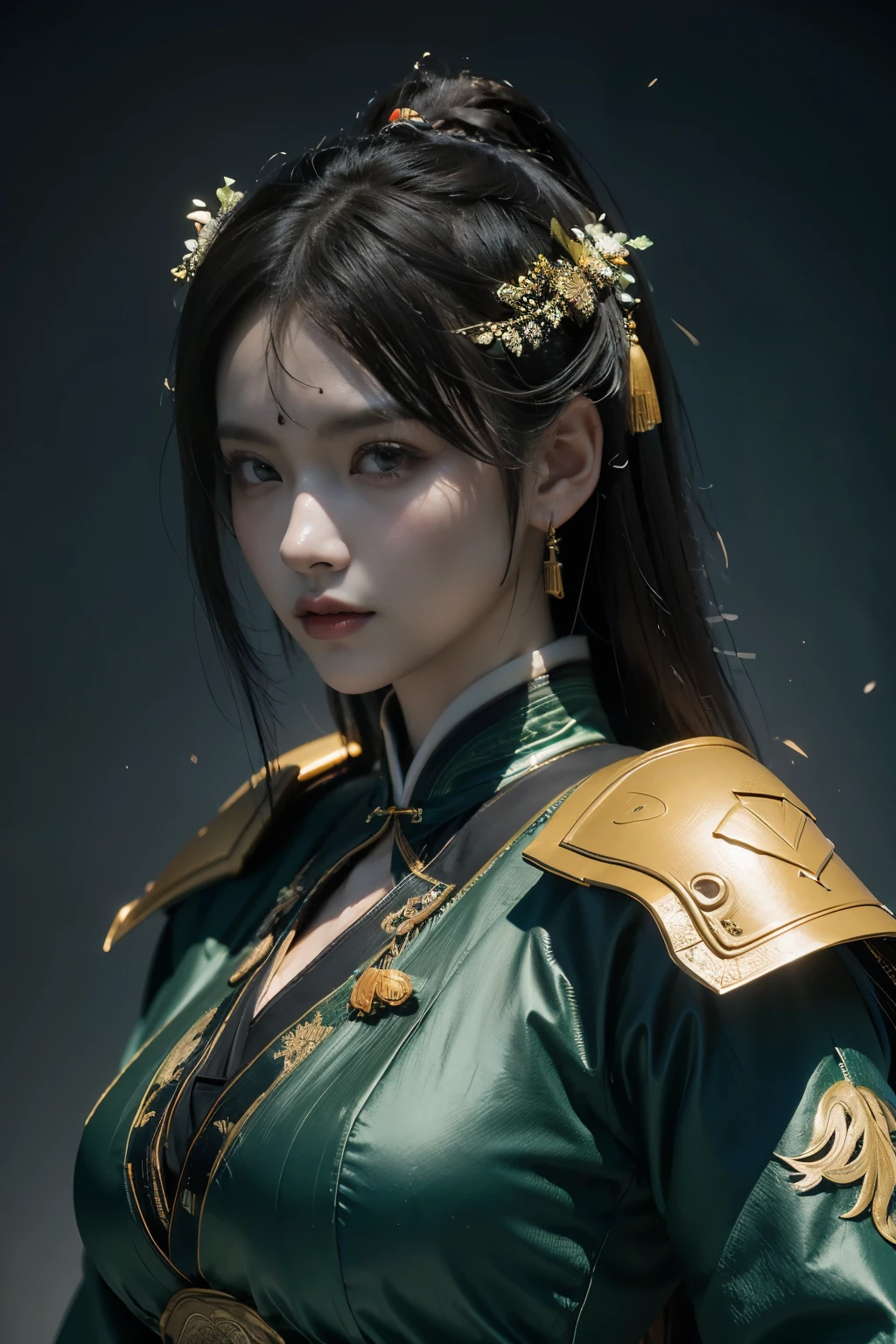 Game art，The best picture quality，Highest resolution，8K，(A bust photograph)，(Portrait)，(Head close-up)，(Rule of thirds)，Unreal Engine 5 rendering works， (The Girl of the Future)，(Female Warrior)， 
25岁少女，(The generals of ancient China)，An eye rich in detail，(Big breasts)，优雅高贵，冷漠，勇敢的，
(Wearing ancient Chinese cloth，Chinese Hanfu，Costumes of the Tang Dynasty，Costumes are rich in detail，Simple shades)，中国人物，奇幻风格，
拍照姿势，野外背景，Movie lights，Ray tracing，Game CG，((3D Unreal Engine))，oc渲染反射纹