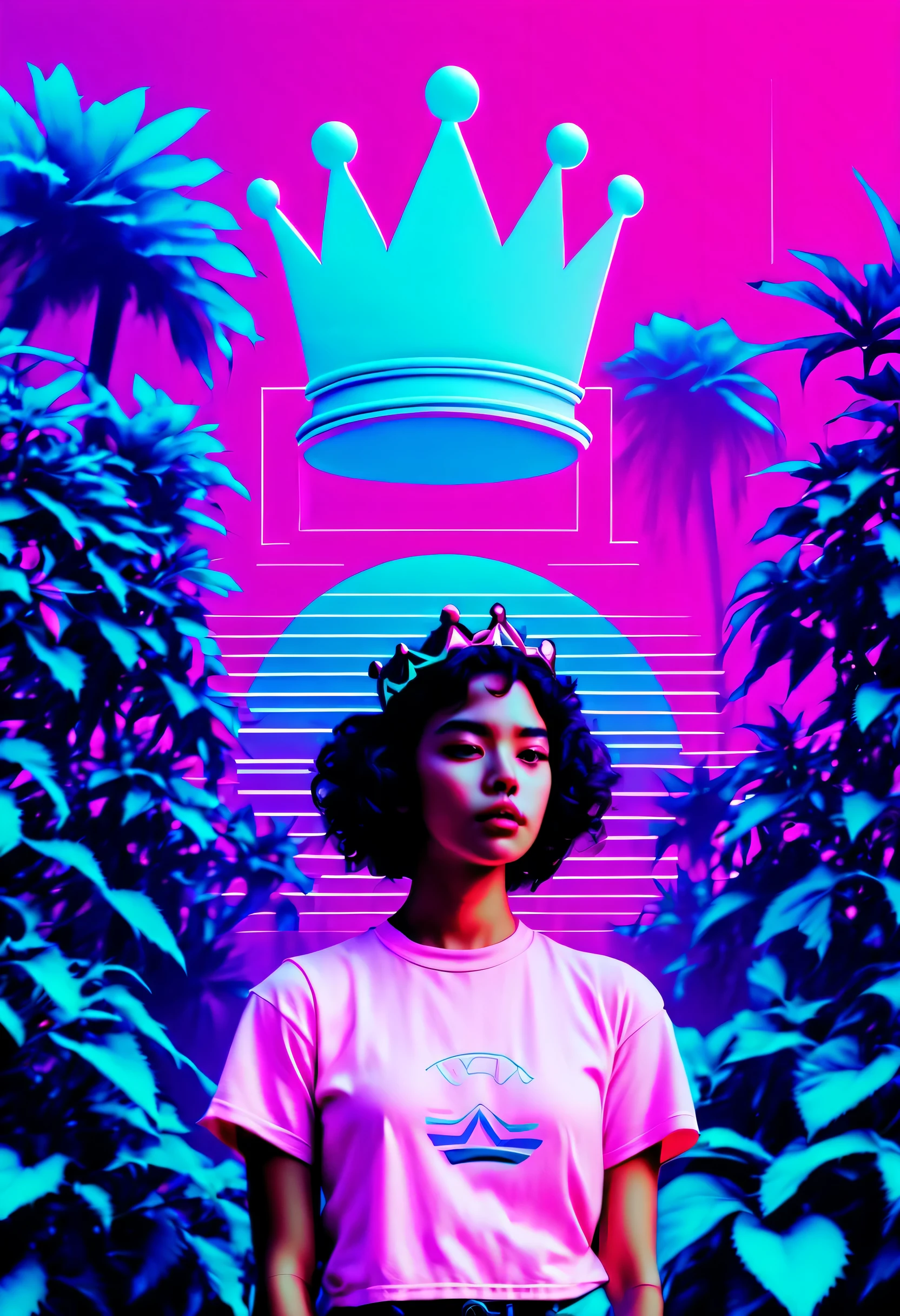 Girl in the garden,pink background,the crown on her head,The message written above said "steam graphics",vaporwave style,(vaporwave aesthetics:1.5)