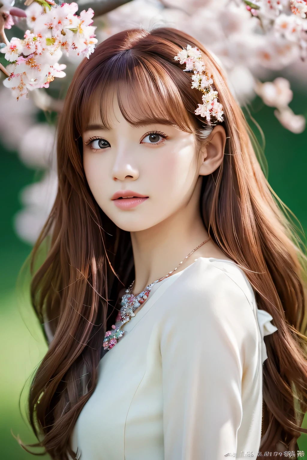 {{masterpiece}},highest quality,very detailed,very detailed CG Unity 8k 壁紙,Illustration Traction, 1 girl, red eyes, wavy silver hair, necklace, hair flower, spring, cherry blossoms, whole body, shot,High close-up, very detailed,center frame,sharp focus, looking at the viewer, floating hair,
