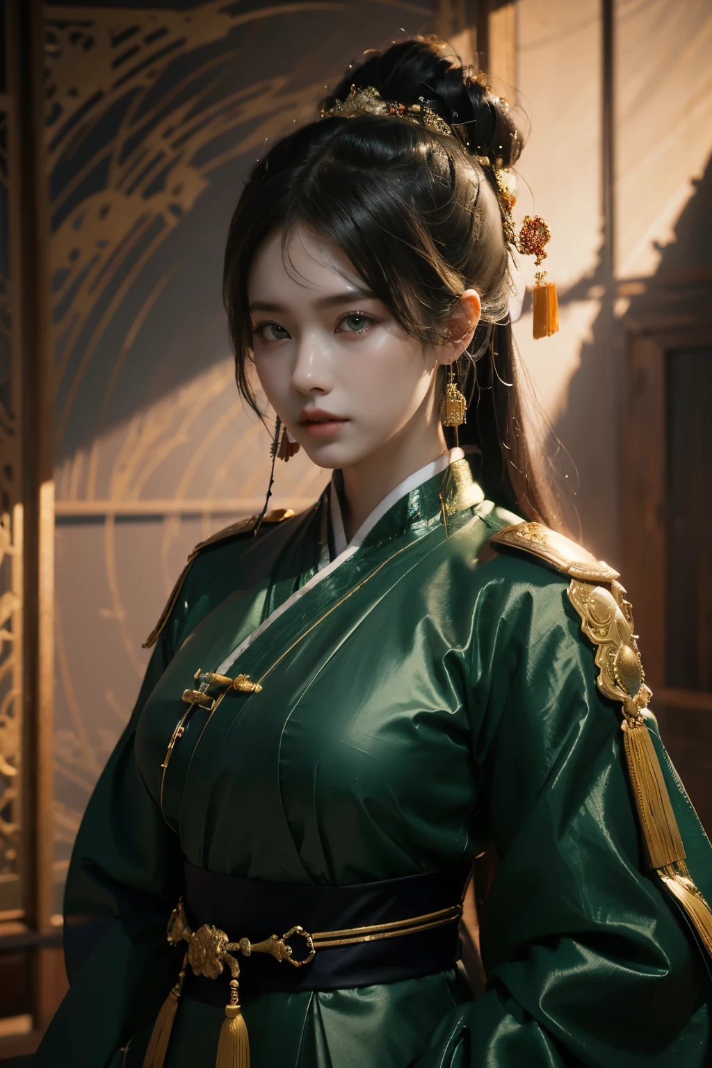 Game art，The best picture quality，Highest resolution，8K，(A bust photograph)，(Portrait)，(Head close-up)，(Rule of thirds)，Unreal Engine 5 rendering works， (The Girl of the Future)，(Female Warrior)， 
25岁少女，(The generals of ancient China)，An eye rich in detail，(Big breasts)，优雅高贵，冷漠，勇敢的，
(Wearing ancient Chinese cloth，Chinese Hanfu，Costumes of the Tang Dynasty，Costumes are rich in detail，Simple shades)，中国人物，奇幻风格，
拍照姿势，野外背景，Movie lights，Ray tracing，Game CG，((3D Unreal Engine))，oc渲染反射纹