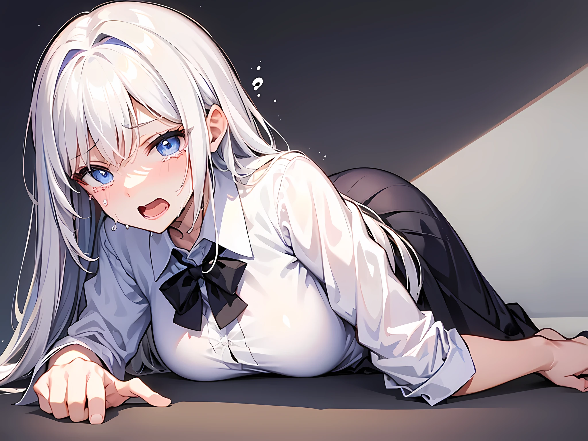 loli girl, ahegao, on knees like a dog, sweat all over body, transparent white shirt, one black stocking one white stocking, dripping water from , in room