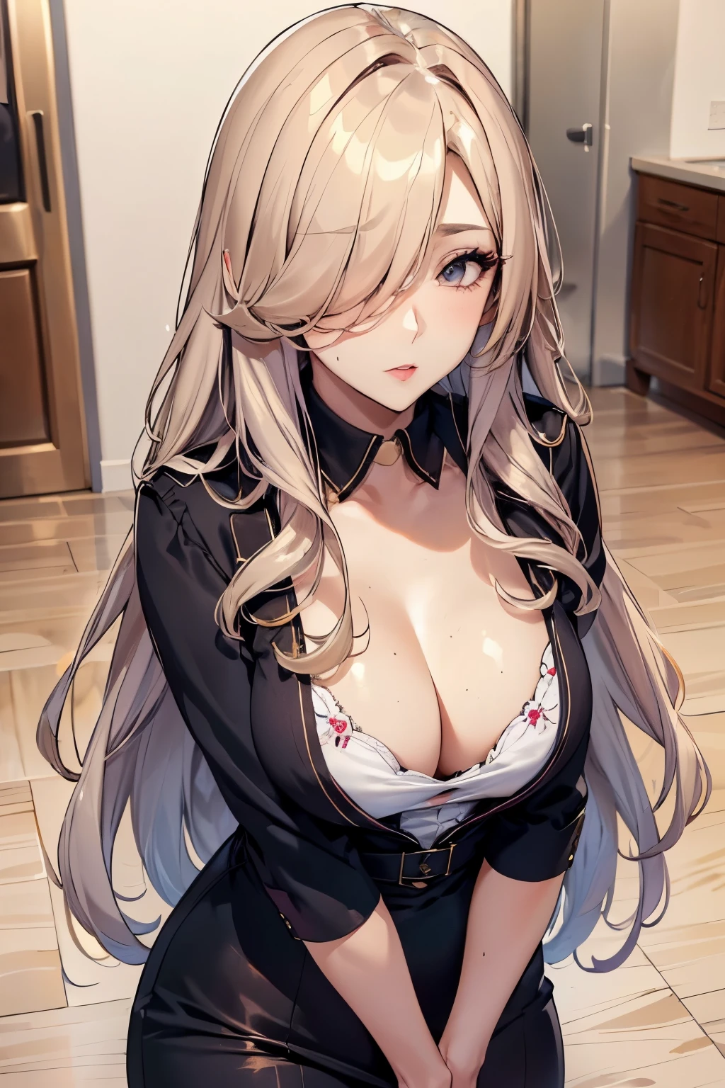 beautiful adult female with long wavy hair, bangs that over one of her eye, in date outfits, normal size ????? (mommy face, Close up, highly detailed, clear face, beautiful face, perfect ???????, masterpiece, best quality, highest quality, hair over one eye, one eye covered with hair)