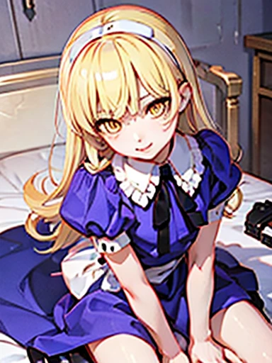 nsfw,Lying in bed、On your back、open your legs、vaginal ＿A lot、Alice、美girl、girl、delicate、beautiful, whole body, smile, smile alicesmt, dress, long hair, blonde hair, hair band, dull bangs, puffy sleeves, blue dress, yellow eyes