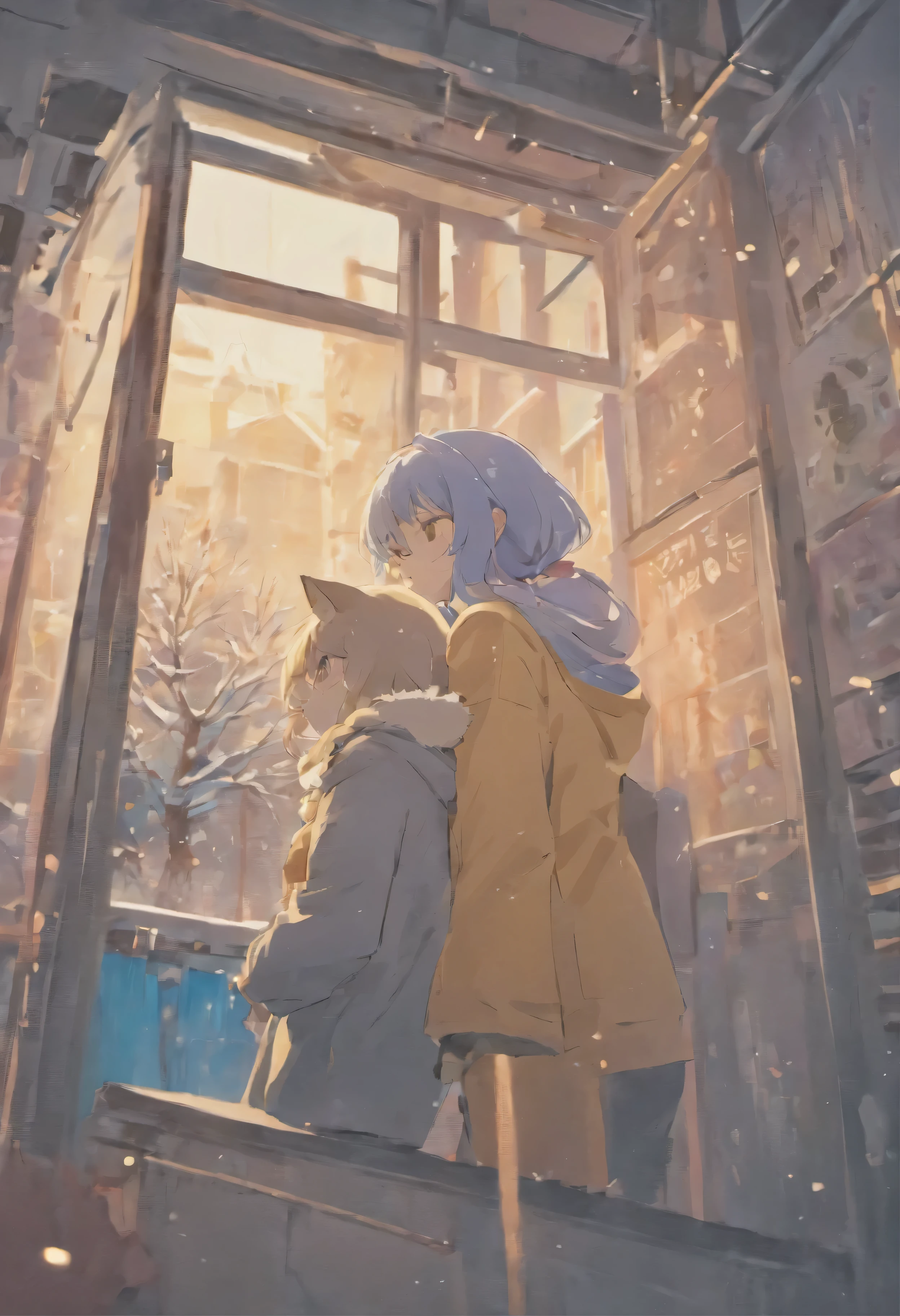 A soft expression Wrapped in the soft winter breeze I'd rather hug you than hold a cold hand Beautiful time passes A woman and a man hugging each other A cat standing next to me An exaggerated identity Powerful yet gentle Refreshing pastel colors Purple and yellow A scene from an anime picture book, Modern Anime Angle Viewing the Earth Anime, super delicate,