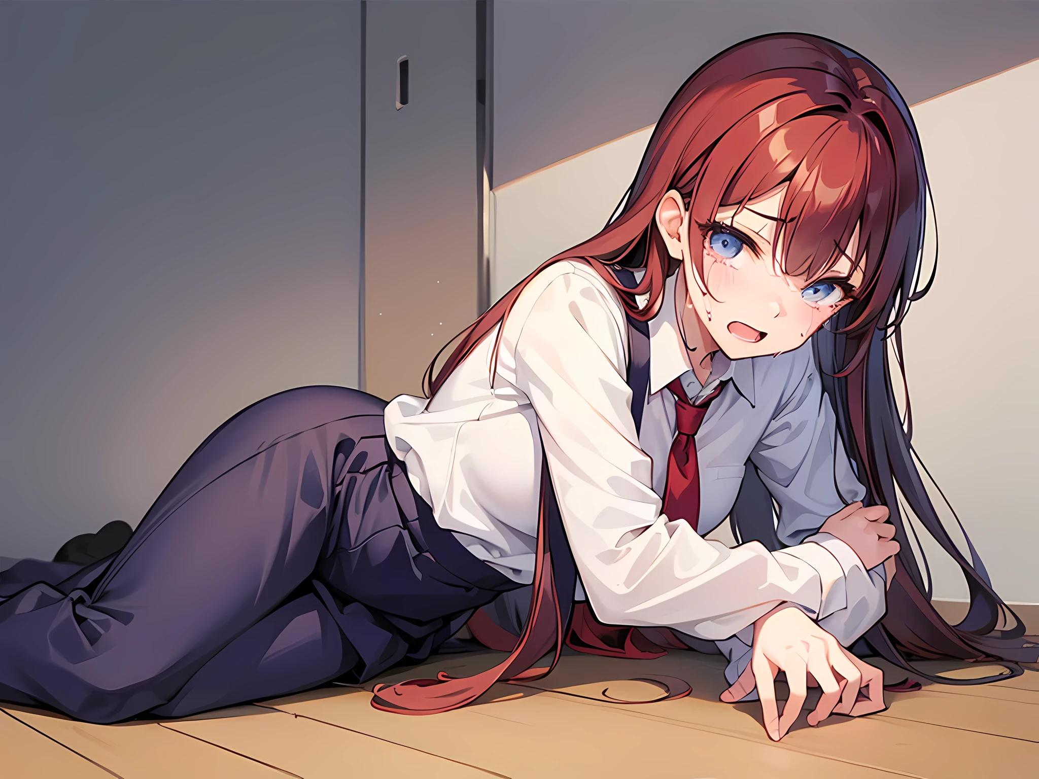 1 girl, wearing white shirt and black skirt, big , laying down on floor, crying loudly, open mouth, sad facial expression, red hair, long hair, face to detail, detailed eyes, full-body illustration, perfect hands
