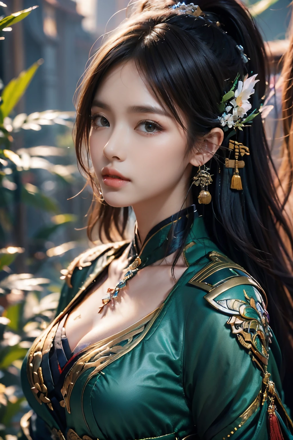 Game art，The best picture quality，Highest resolution，8K，(A bust photograph)，(Portrait)，(Head close-up)，(Rule of thirds)，Unreal Engine 5 rendering works， (The Girl of the Future)，(Female Warrior)， 
25岁少女，(The generals of ancient China)，An eye rich in detail，(Big breasts)，优雅高贵，冷漠，勇敢的，
(Wearing ancient Chinese cloth，Chinese Hanfu，Costumes of the Tang Dynasty，Costumes are rich in detail，Simple shades)，中国人物，奇幻风格，
拍照姿势，野外背景，Movie lights，Ray tracing，Game CG，((3D Unreal Engine))，oc渲染反射纹