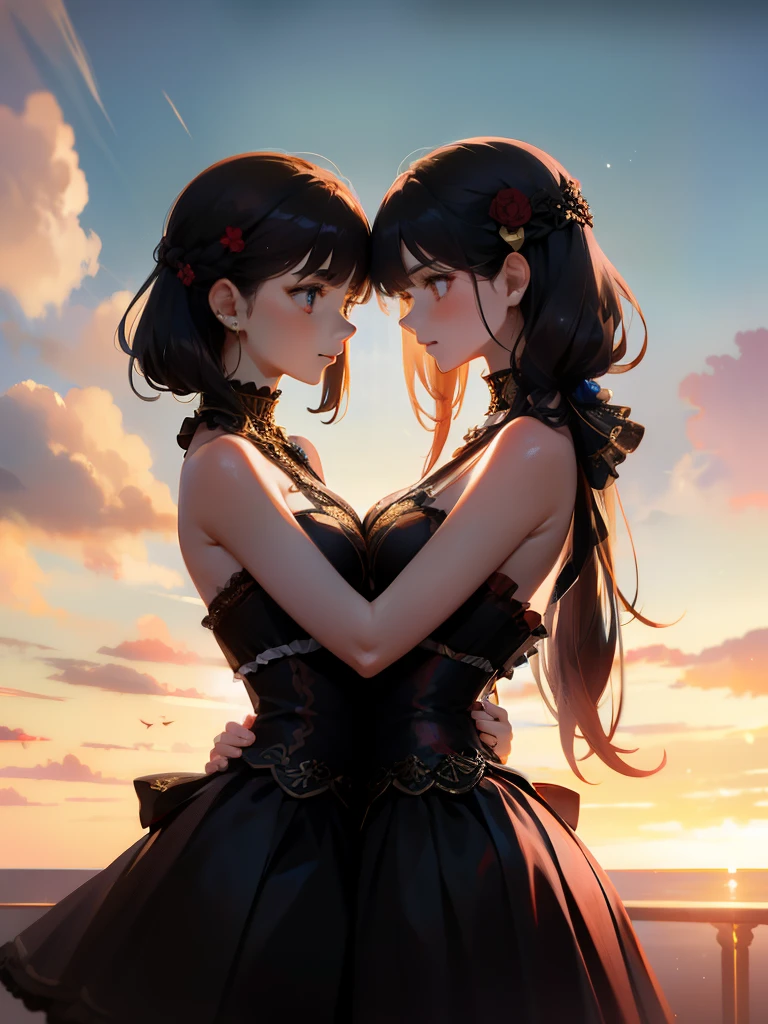 An 18-year-old female and a 10-year-old female,Black Hair,There is a height difference,corset,They are glaring at each other with their faces close together.,Intimidating the opponent,Standing firmly facing each other,Step,whole body,Angle from the side