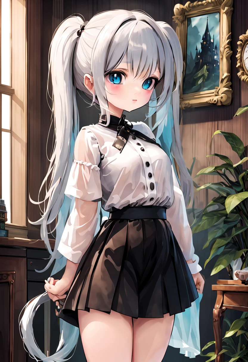 (((1 girl)),Ray tracing,(dim lights),[Detailed background (living room)),((silver hair)),(silver hair)),((Fluffy silver hair, plump and slim girl)) high ponytail))) Avoid golden eyes in the ominous living room ((((Girl wearing white opaque shirt, Black pleated skirt with black transparent), Show off a delicate and slender figure and graceful curves, correct limbs, Put your hands behind your head, Put your hands behind your head, Put your hands behind your head , Eye details, beautiful eyes, exquisite eyes, blue eyes