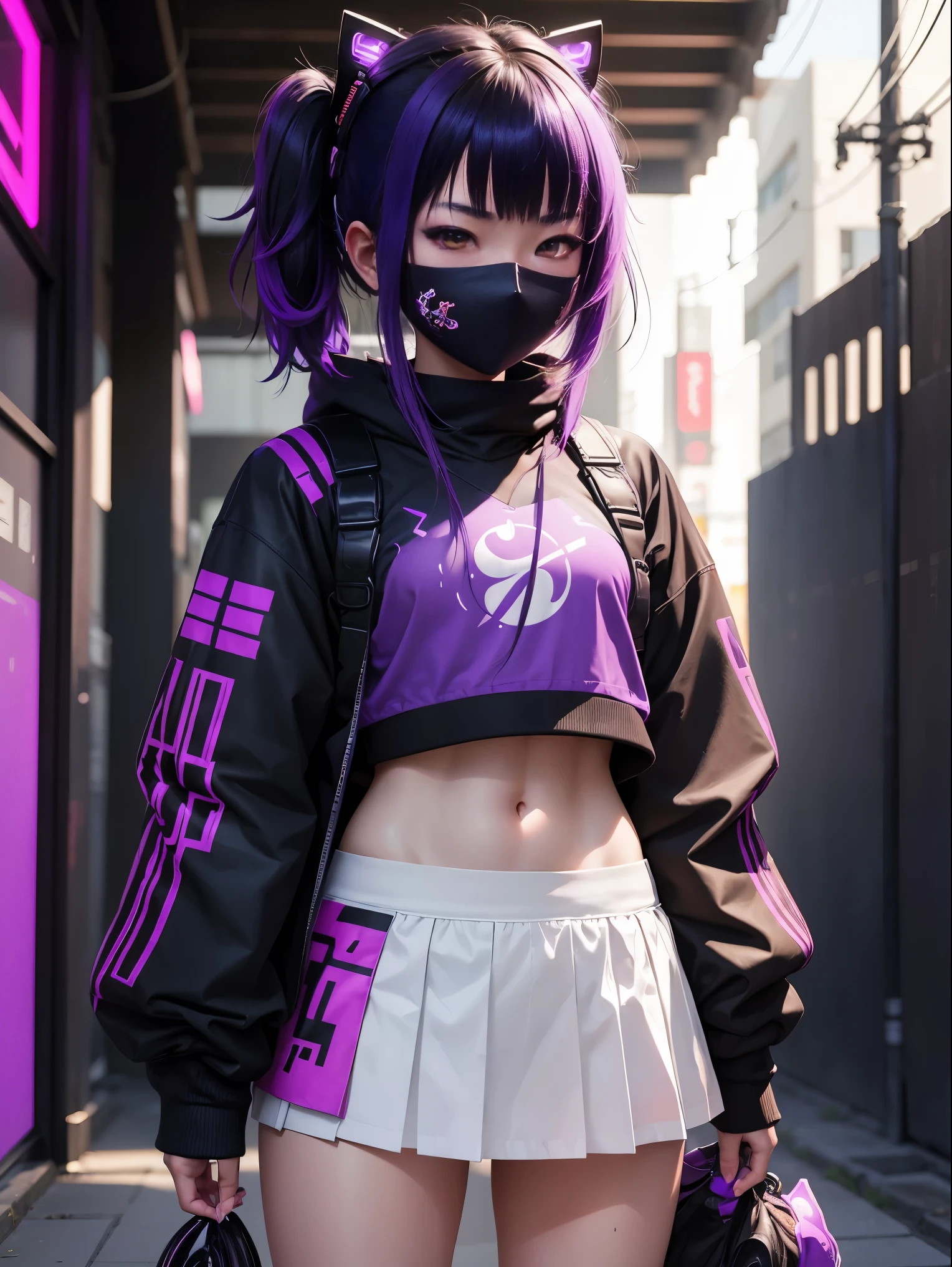 18 year old Japanese girl, cyberpunk Japanese samurai armor, black tennis shoes, black face mask with eyes visible, determined eyes.,all with neon purple accents.  Standing, front view. Cute.