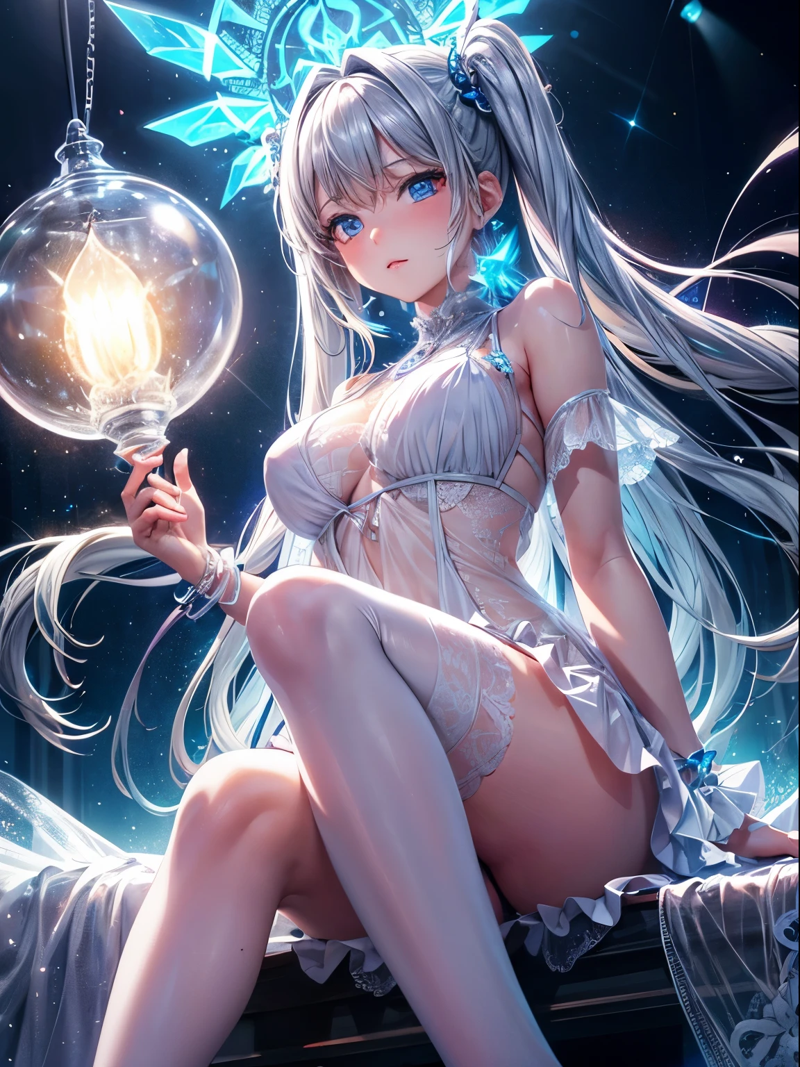 JK see-through　Sitting out of orange detailed lace lingerie　break　One leg from lower leg up　from below　High quality　transparency　long silver twintails　blue eyes　break　Ergonomically suitable　Illuminated ice statue background at night　detailed fingers　neon light stage　glowing effect