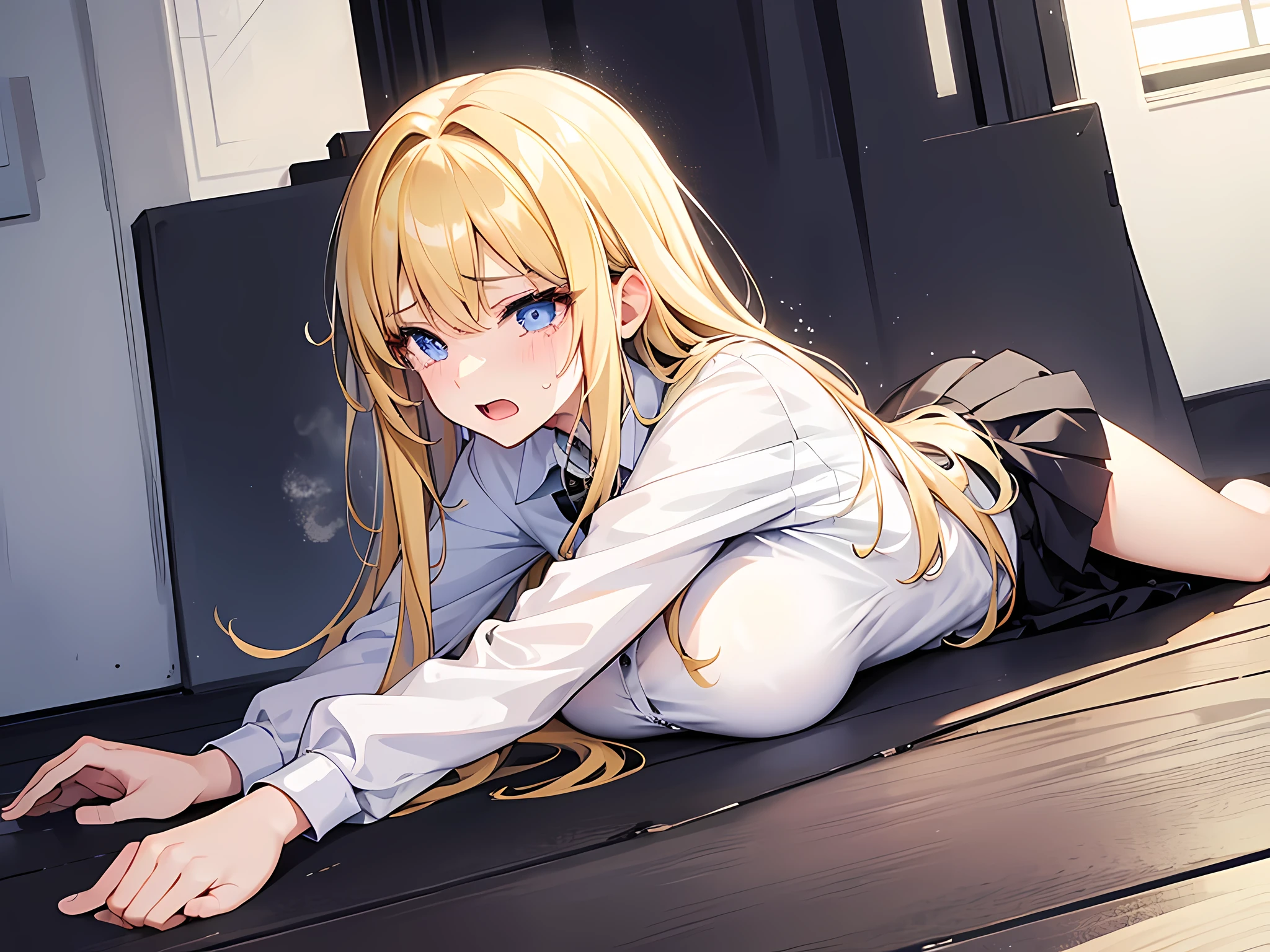 1 girl, wearing white shirt and black skirt, big , laying down on floor, crying loudly, open mouth, sad facial expression, blonde hair, long hair, face to detail, detailed eyes, full-body illustration, perfect hands
