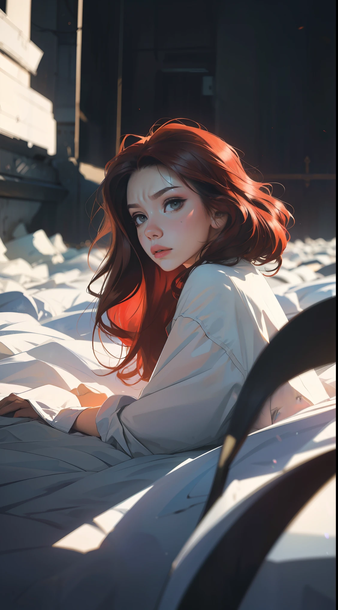 vibrant colors, soft focus, light leaks, Dreamlike ambiance, Experimental charm, nostalgic appeal BREAK color field painting, Large expanses of color, abstract expressionism, bold hues, Emotional impact, atmospheric depth, minimalist approach BREAK, A beautiful girl, UHD (Ultra Details) Looking at viewer in hip-hop style streetwear, different, colorful, long, Very colorful hair 🌈, dark clothes, White stardust on dark parts, absurd, High resolution, ultra detailed, ( 1girl: 1.3), bright colors, artistic blur, light leaks, dreamlike atmosphere,  dull red hair, angry facial expression 