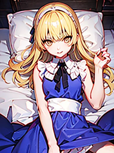nsfw,Sleep in bed、lie down、On your back、open your legs、vaginal _Large amount、Hand up、Holding a pillow、Alice、美girl、girl、delicate、beautiful, whole body, smile, smile alicesmt, dress, long hair, blonde hair, hair band, dull bangs, puffy sleeves, blue dress, yellow eyes