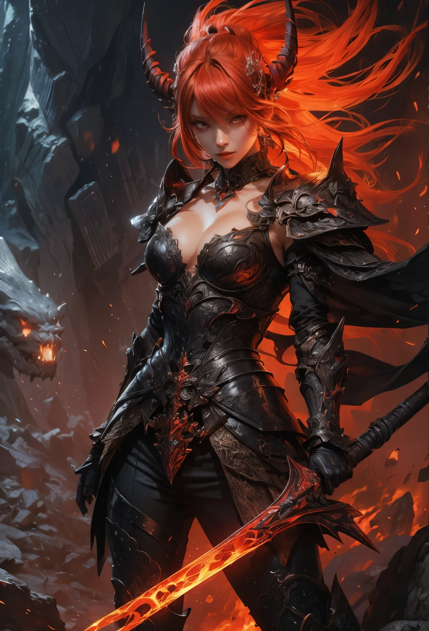 ((Highly accurate drawing in every detail)Extremely precise depiction)[High resolution],(detailed illustrations,とてもfineで緻密な描画,Delicate drawn lines with tempo,Realistic texture expression),[color traced main line],[Lava cave background [Hot hell:0.4]],HENAI ANIME (Red-skinned DemonGirl 19 years old slender muscular) Flame hair (Devil's Knight:0.8),(Bone armor [crack in the chest:0.6] [Blade of Fresh Blood:0.4]) (edge),[[dark fantasy]],(intricate and beautiful decoration [Dense detail]),(Fine and beautiful skin expression [transparency]),Precisely drawn eyes[完璧な目のdetailed(Iris drawn in minute detail)(Beautiful eyes like jewels)],[eyes light[Pinpoint lighting for the eyes]],[long and beautiful eyelashes],[precisely drawn hair [美しく艷やかな髪のdetailed]],(完璧な手のdetailed [Beautiful fingers with no damage [beautiful nails]]),(perfect anatomy(perfectly balanced proportions))[[full body portrait]],[ideal color coordination(Accurate simulation of light and material interactions)],([Precision Detail](detailed,高fine)),[Visual art that tells a story],((highest quality)fine[[High density drawing]])(4K Quality).