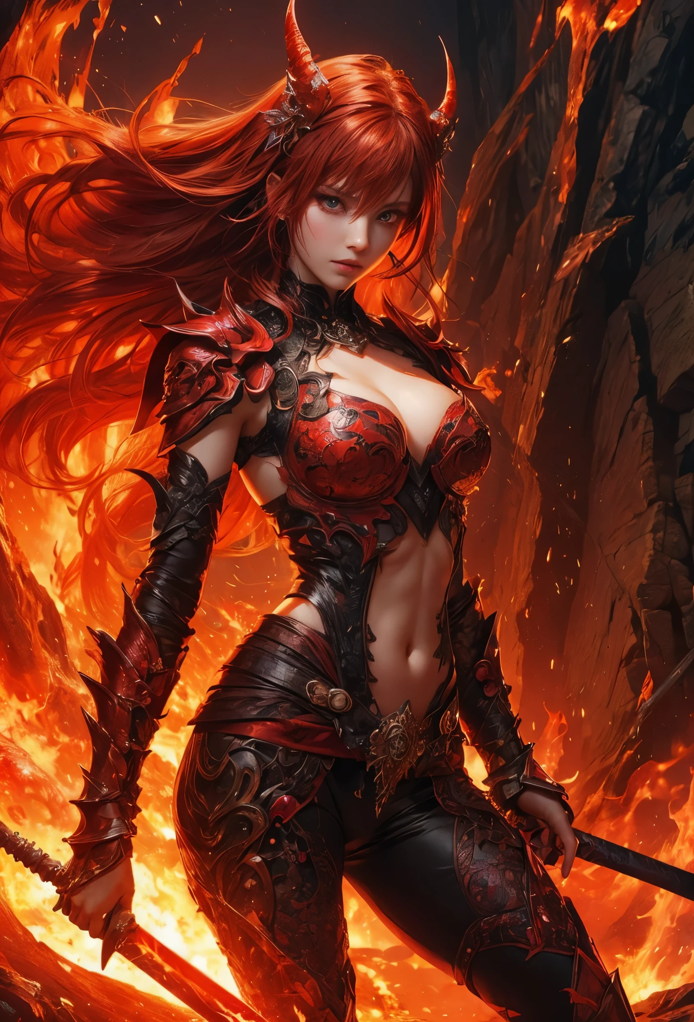 ((masterpiece, highest quality, Highest image quality, High resolution, photorealistic, Raw photo, 8K)), ((Extremely detailed CG unified 8k wallpaper)), (huge stunning goddess shot, very hot and sexy, jaw-dropping beauty, perfect proportions, beautiful body, slim body beauty:1.4), Lava demon, her body is made of lava, her hair is made of burning flames, hot body also burns the air around it, eyes of fire, sheepish curled big horns, burning red in the darkness, burning everything, spewing fury that turns into flames and cloaks the body, sparks of fire dance, flames erupt from the torn body, images of flames in the darkness, red and black theme, angry face, Flame Fiend, staring at the camera, 