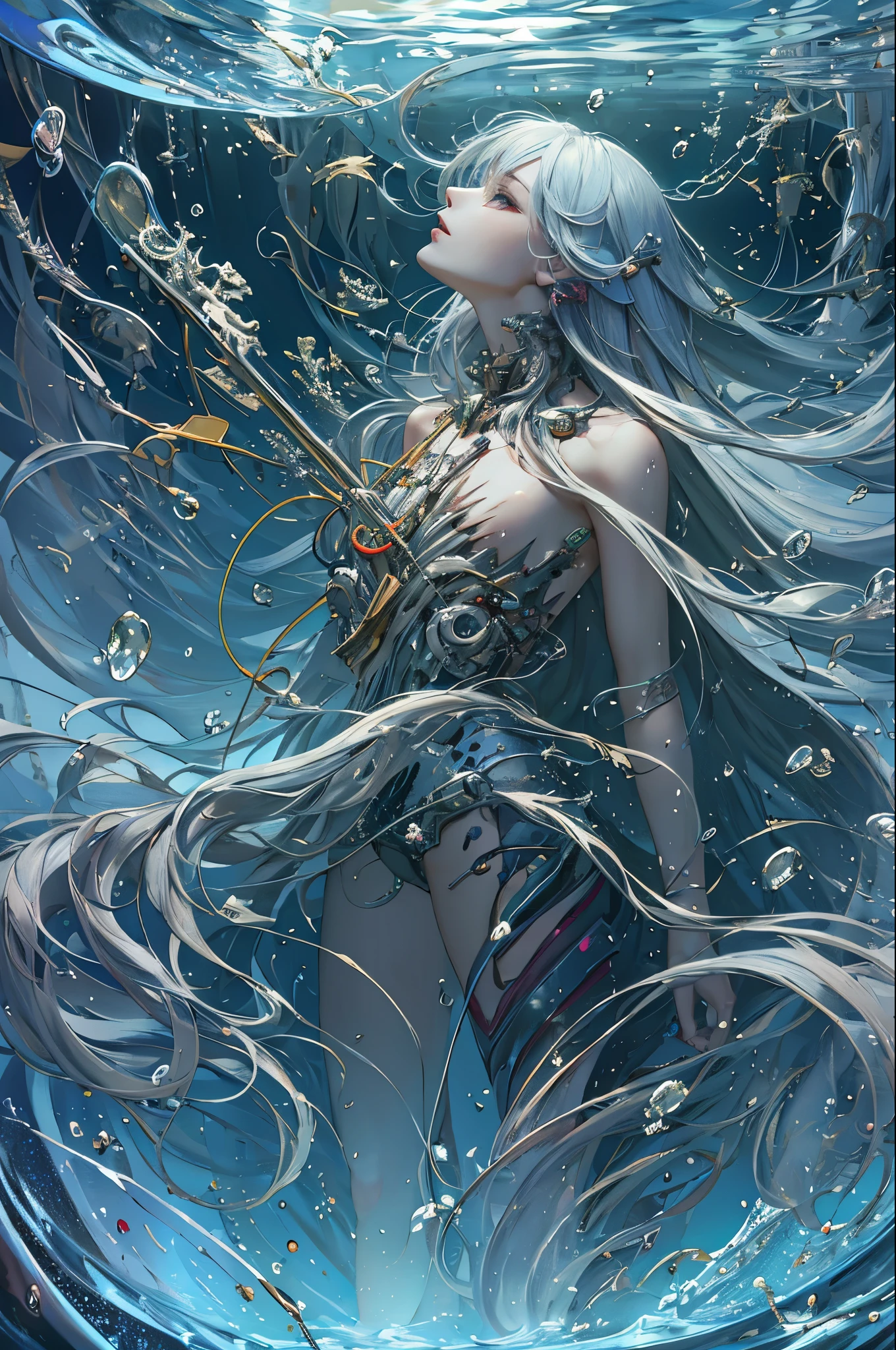 (masterpiece, highest quality, highest quality, official art, beautiful and aesthetic:1.2), very detailed,colorful,most detailed ((super detailed)), (Detailed CG illustration), ((very delicate and beautiful)),cinematic light,
cultivation tank,1 girl, long hair, alone, in water, very long hair, bubble, barefoot, air bubble, chest, body suit, in water, anklet, convenient censoring, Freediving, medium chest
full body,machine made joint,Blood vessels connected to tubes,mechanical spine attached to the back,Mechanical cervical vertebrae attached to the neck,Expressionless,wires and cables connected to the neck,Wires and cables on the head,character focus,SF,Blood,