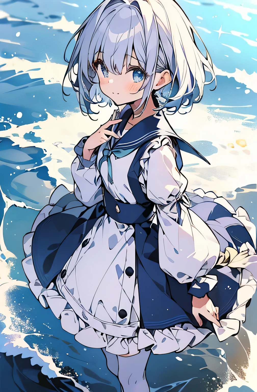 ((highest quality))、((8K))、((High resolution))、((masterpiece))、((Super detailed))、一人girl、(Height 140cmgirl)、((Looking at the camera from the side))、((Photo from above the knees))、((Are standing))、Beautiful and delicate blue eyes、beautiful smooth silver hair、Fluffy shorthair、Gentle and adorable big eyes、big smile、((Perfect and beautiful fingertips))、 Wearing a light blue sailor suit、flat chest、(white stockings)、Running along the seaside、innocence、happiness、Sparkling、splash of water、casual pose