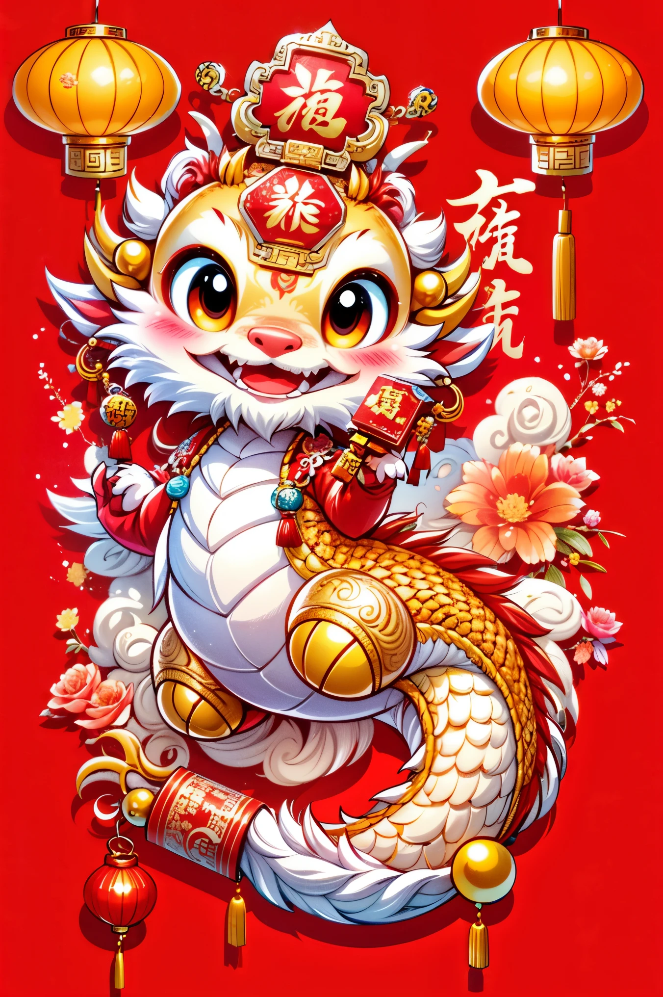 1 Chinese dragon，[(Chinese red background:1.5)::5]，medium shot，Chinese style，Spring Festival，lantern，fireworks，firecracker，Floral fragrance，stone fragment，Beautiful and delicate water，moiré floor，Cute Chinese Dragon