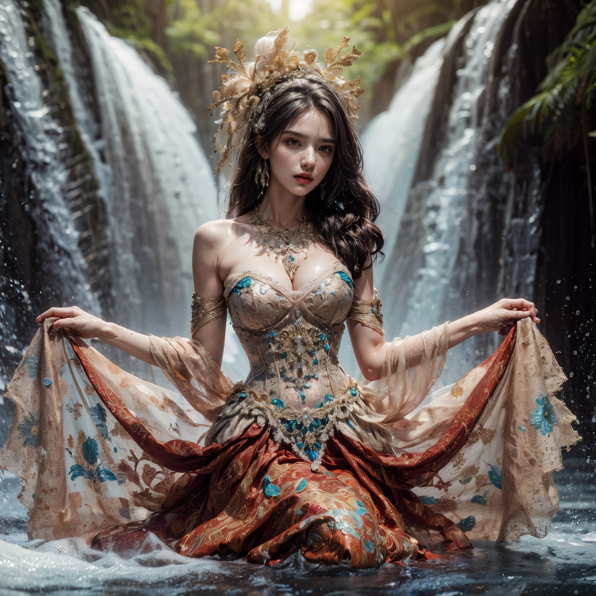 arafed woman with bustier gigantic breast in a corset and dress in front of a building, wearing an ornate outfit, ornate dress, intricate dress, elegant corset, ornate and elegant, extravagant dress, inspired by Hedi Xandt, ornate attire, intricate outfit, ornate royal gown, ornate clothing, ornate gown, intricate and elegant, intricate detailed dress, ornate , royal dress, masterpiece, best quality:1.2),,(8k,highres,RAW photo,realistic,photo-realistic:1.3),(detailed skin texture,detailed cloth texture,beautiful detailed face:1.25),professional lighting,photon mapping,beautiful soft light,radiosity,physically-based rendering,raytracing, model shoot style, model shoot style, (extremely detailed CG unity 8k wallpaper), full shot body photo of the most beautiful artwork in the world,