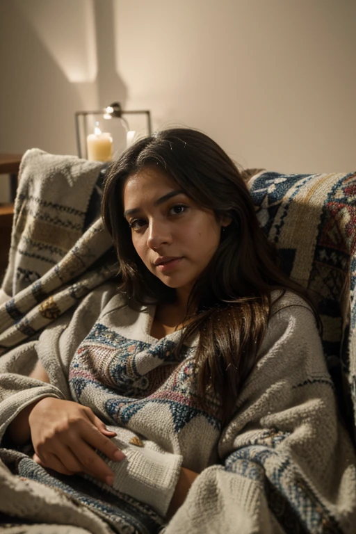 8k, highest quality, ultra details, hispanic girl, enjoying a movie night at home, surrounded by cozy blankets and snacks, relaxation and entertainment.