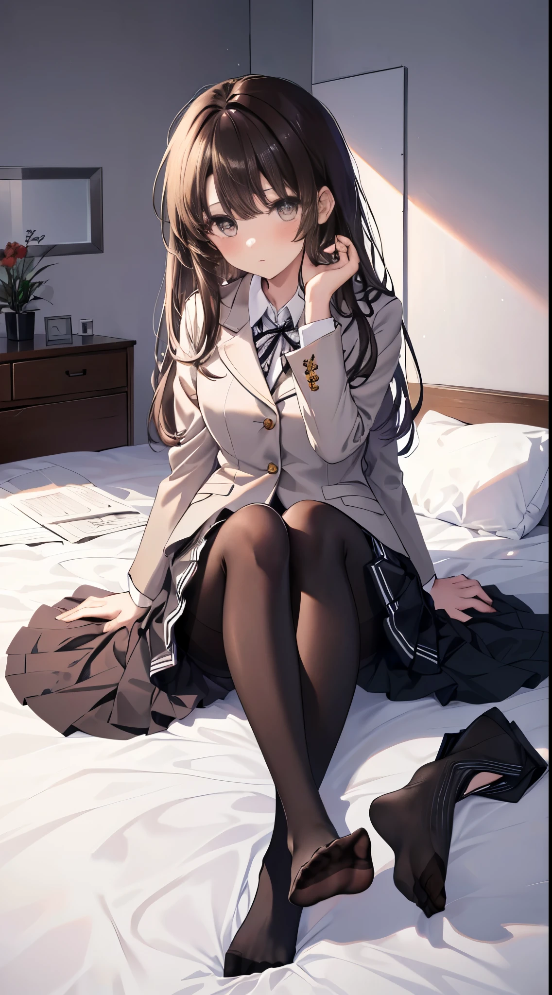 finest, masterpiece, High resolution, (Full body view from head to toe), front, frontやや下からの構図, Symmetrical, 18 year old girl, alone, (whole body from head to toe), small breasts, brown hair, slightly messy hair, long hair, bangs, (black tights), ( (black pantyhose), black pantyhose, Sitting in the bedroom, (M-shaped legs), show me your white panties, Slender legs, とても美しい18 year old girl, (not wearing shoes), blush, shy big eyes, messy hair, looking at camera, Blazer uniform appearance、Checkered pleated skirt