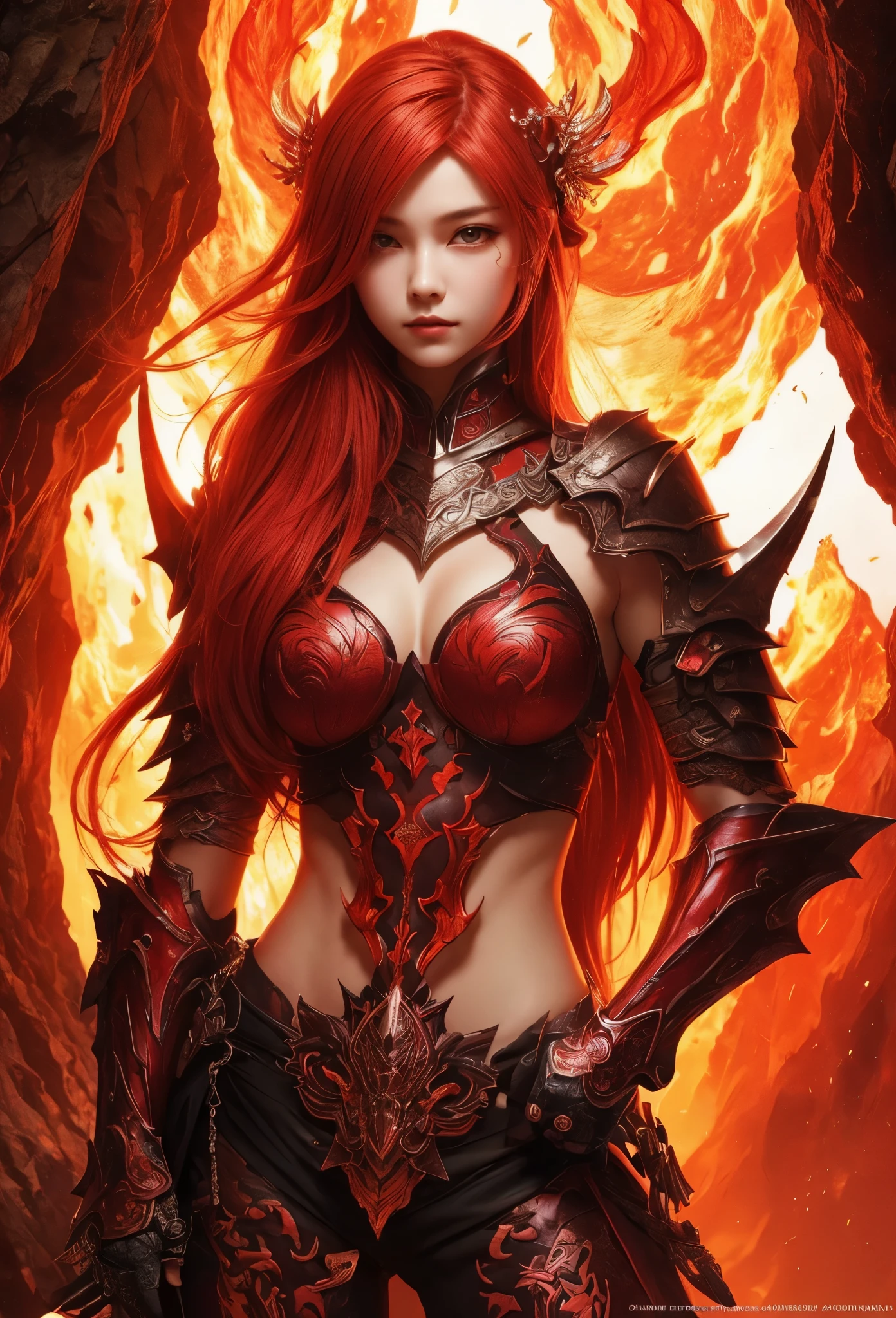 ((Highly accurate drawing in every detail)Extremely precise depiction)[High resolution],(detailed illustrations,とてもfineで緻密な描画,Delicate drawn lines with tempo,Realistic texture expression),[color traced main line],[Lava cave background [Hot hell:0.4]],HENAI ANIME (Red-skinned DemonGirl 19 years old slender muscular) Flame hair (Devil's Knight:0.8),(Bone armor [crack in the chest:0.6] [Blade of Fresh Blood:0.4]) (edge),[[dark fantasy]],(intricate and beautiful decoration [Dense detail]),(Fine and beautiful skin expression [transparency]),Precisely drawn eyes[完璧な目のdetailed(Iris drawn in minute detail)(Beautiful eyes like jewels)],[eyes light[Pinpoint lighting for the eyes]],[long and beautiful eyelashes],[precisely drawn hair [美しく艷やかな髪のdetailed]],(完璧な手のdetailed [Beautiful fingers with no damage [beautiful nails]]),(perfect anatomy(perfectly balanced proportions))[[full body portrait]],[ideal color coordination(Accurate simulation of light and material interactions)],([Precision Detail](detailed,高fine)),[Visual art that tells a story],((highest quality)fine[[High density drawing]])(4K Quality).