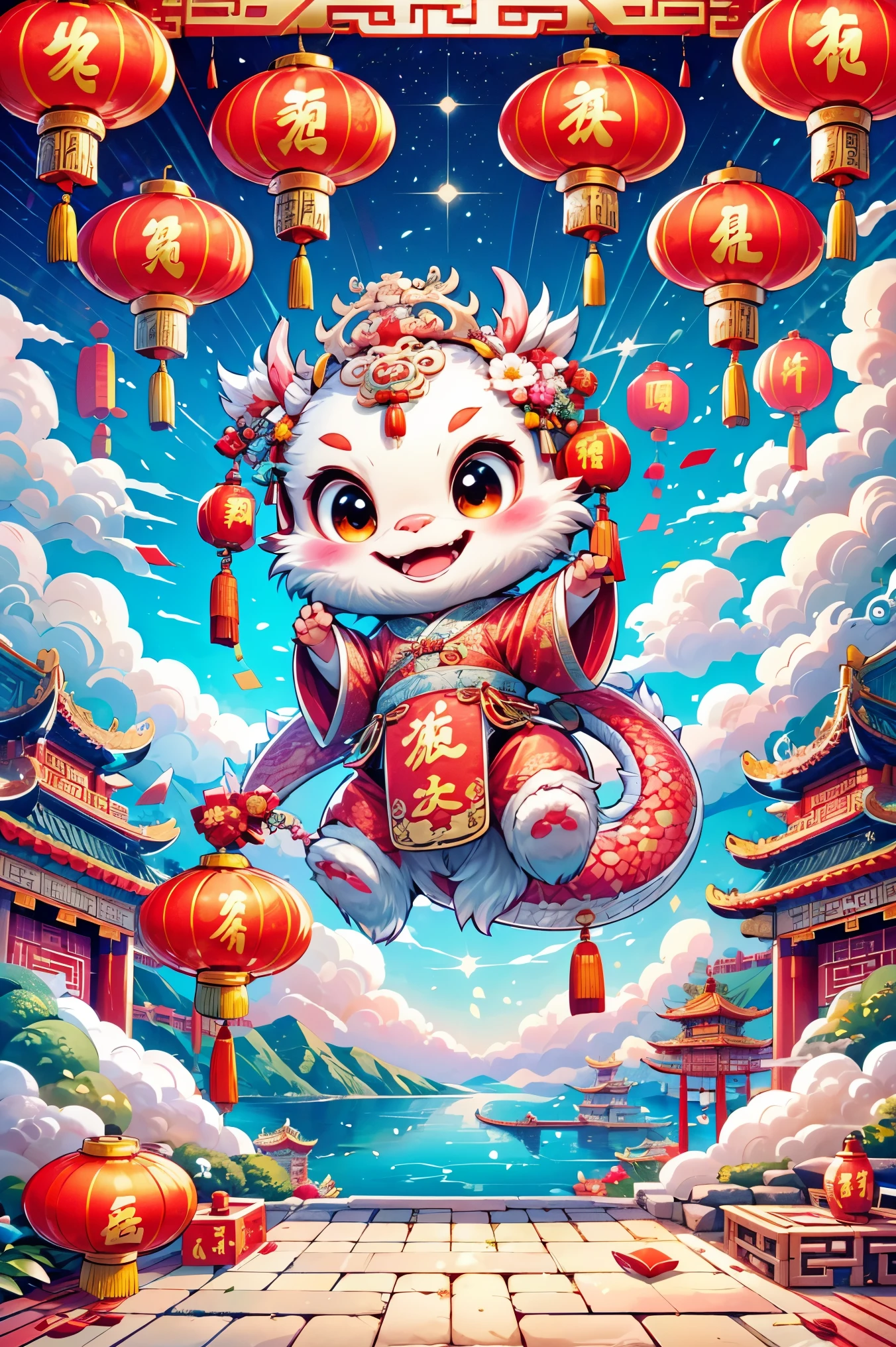 1 Chinese dragon，(chinese palace:1.5)，medium shot，Chinese style，Spring Festival，lantern，fireworks，firecracker，flowers，clouds，stone fragment，Beautiful and delicate water，Wood grain flooring，Cute Chinese Dragon