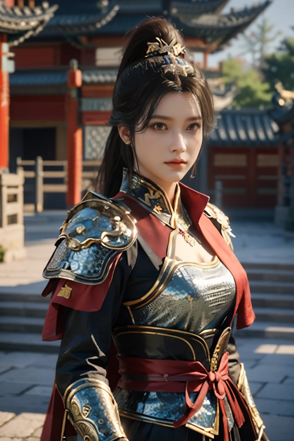 Game art，The best picture quality，Highest resolution，8K，(A bust photograph)，(Portrait)，(Head close-up)，(Rule of thirds)，Unreal Engine 5 rendering works， (The Girl of the Future)，(Female Warrior)， 
15岁少女，(The generals of ancient China)，An eye rich in detail，(Big breasts)，优雅高贵，冷漠，勇敢的，
(Wearing ancient Chinese style armor，Armor of Tang Dynasty，Costumes are rich in detail，Metallic luster，Silver gray)，中国人物，奇幻风格，
拍照姿势，野外背景，Movie lights，Ray tracing，Game CG，((3D Unreal Engine))，oc渲染反射纹