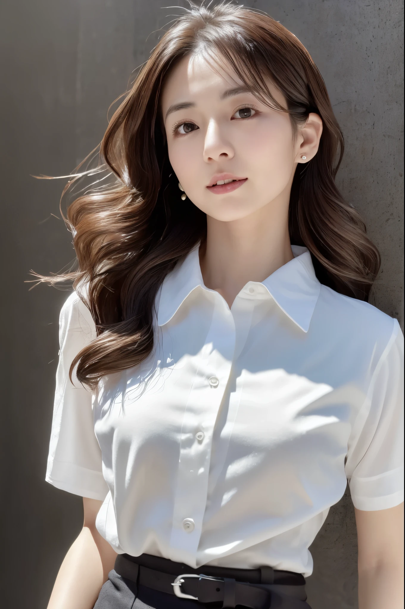 (Best quality, High resolution, Masterpiece :1.3), A skinny Japanese lady, cute face, Slender abs, Dark brown hair styled in loose waves, Small breasts, Very thin waist, Wearing pendant, White button up shirt, Belt, Black skirt, (Modern architecture in background), Details exquisitely rendered in the face and skin texture, Detailed eyes, Double eyelid