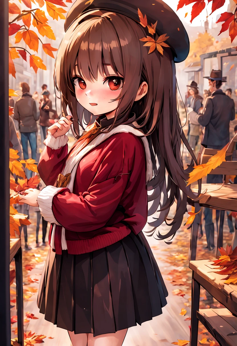 1 girl, autumn leaves, Bangs, black headdress, blurred background, blush, brown eyes, brown hair, brown scarf, brown skirt, cardigan shirt, coffee, cowboy shooting, cup, disposable cup, drink, fallen leaves, Wool cap, Keep, Keep drink, leaf, long hair, long sleeves, looking at the audience, open cardigan shirt, open mouth, Plaid, Plaid skirt, puffy long sleeves, red sweater, scarf, shirt, shirt tucked in, side lock, skirt, Smile, alone, sweater, white shirt, Very detailed, complex, masterpiece, ridiculous
