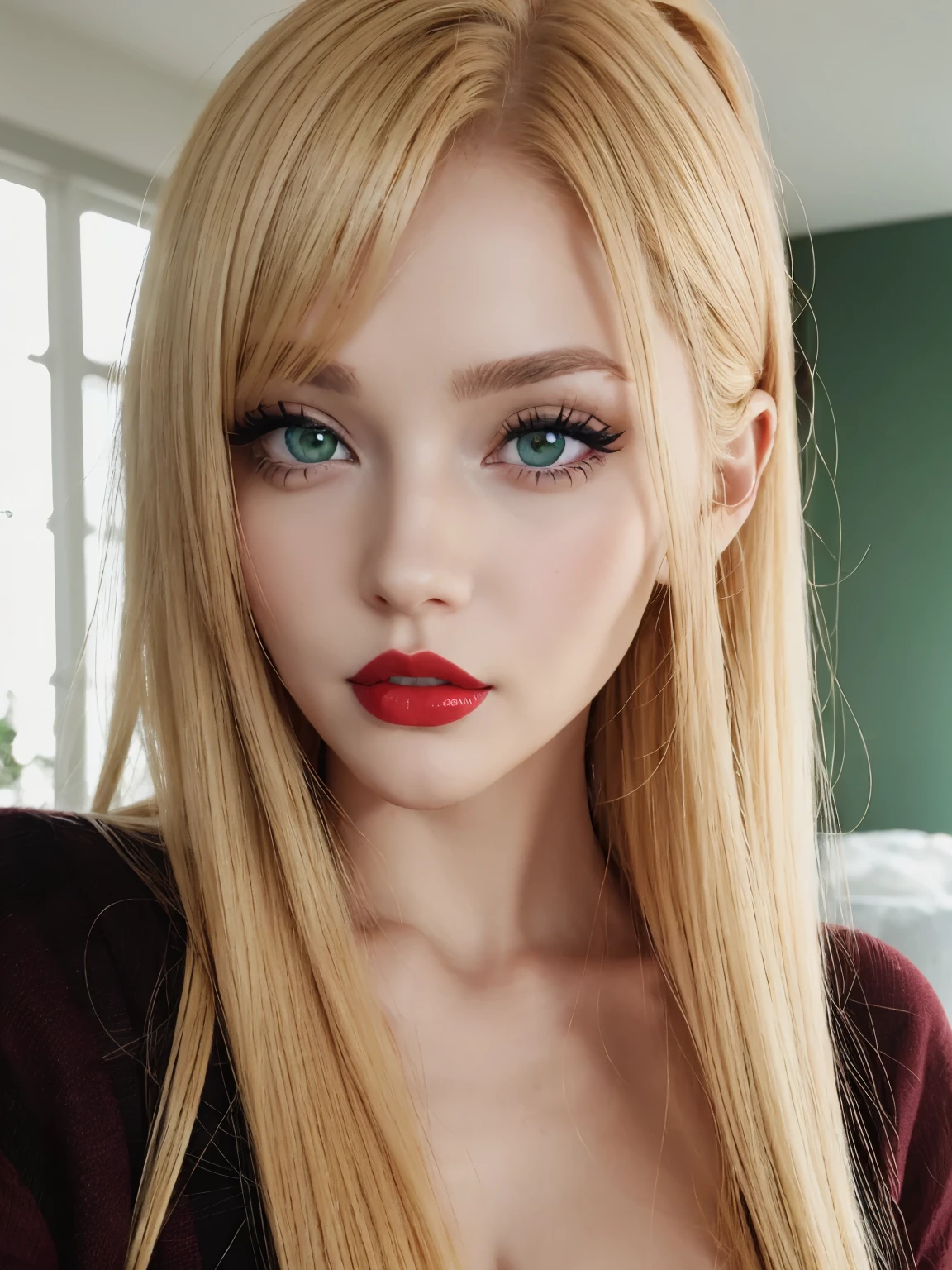green eyed woman red lips blonde hair