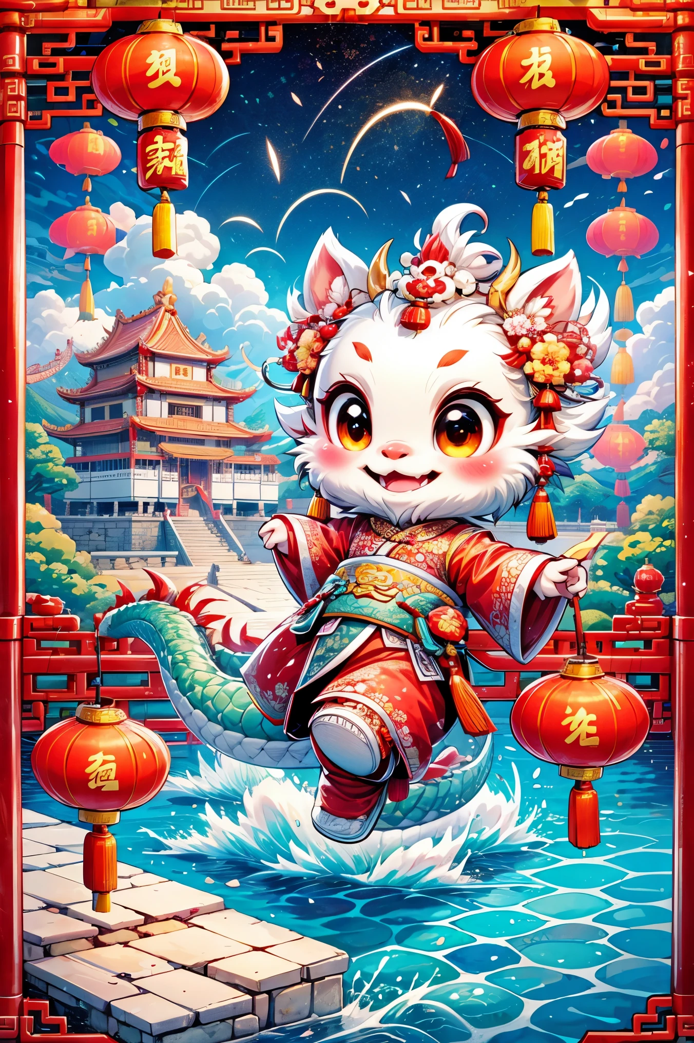 1 Chinese dragon,(chinese palace:1.5),medium shot,Chinese style,Spring Festival,lantern,fireworks,firecracker,flowers,clouds,stone fragment,Beautiful and delicate water,Wood grain flooring,Cute Chinese Dragon