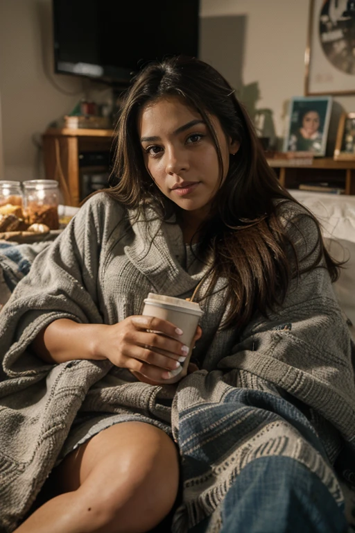 8k, highest quality, ultra details, hispanic girl, enjoying a movie night at home, surrounded by cozy blankets and snacks, relaxation and entertainment.