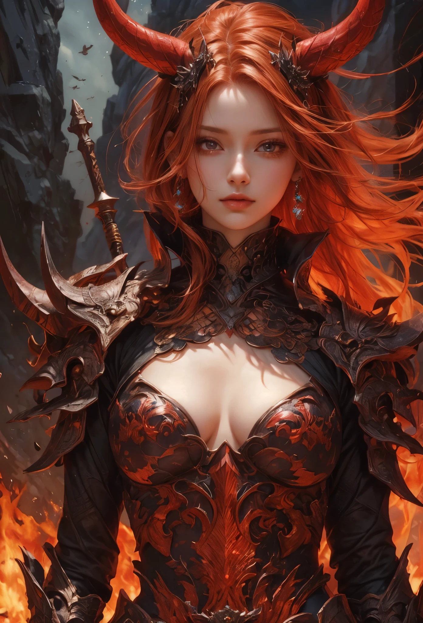 [Detailed illustrations, art based on extremely ideal anatomy, very detailed and detailed drawings, delicate lines with slow and urgent, realistic texture expression],((Color tressed main lines)),(Artwork with outstanding craftsmanship),(Lava Cave Background (Flame Hell: 0.4))),HENAI ANIME [Red-skinned DemonGirl 19 years old, slender muscular] Flame Hair (Demon Knight: 0.5),(Bone Armor ( crack in chest) (Blade of Fresh Blood: 0.4)) (Edge),((Dark fantasy)),((Fine and beautiful skin expression (transparency))),((Clear gaze)),((Perfect eye details (Beautifully drawn eyes)))),(Beautiful perfect face (Realistic face details)),((Beautiful hair details)),(Perfectly proportioned proportions)),( Design built to a high level, ((Advanced structural understanding of materials)),Ideal color coordination),((Artistic decoration)) ((Dense detail)),((Detail,High definition)),[(Ultra-precision detail),((Multilayer texture)),HighQuality,High Resolution],((Accurate simulation of light-material interactions, Understanding of air flow, mechanically correct expression))), ((visual art that conveys a sense of narrative)).