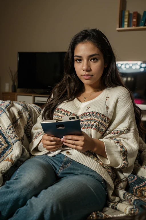 8k, highest quality, ultra details, hispanic girl, enjoying a movie night at home, surrounded by cozy blankets and snacks, relaxation and entertainment.