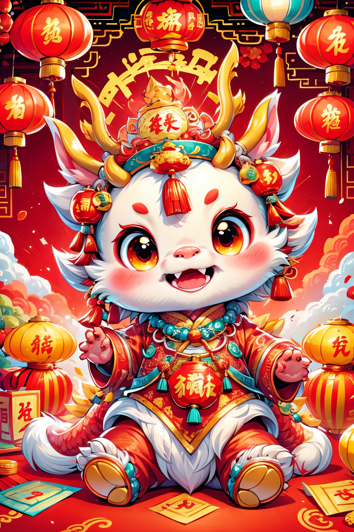 (摄影: 1.3), Create a 3D-rendered, Pixar-style illustration of a Cute Chinese Dragon sitting on the ground, wearing a Chinese God of Wealth hat and dressed in traditional Chinese attire. The ground is abundantly covered with red envelopes and gold coins, surrounded by various Chinese New Year festive items. The background depicts a joyous and festive Chinese New Year atmosphere, including traditional Chinese architecture, fireworks, firecrackers, lanterns, and Spring Festival couplets. The dragon has a joyful and happy facial expression.