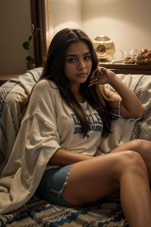 8k, highest quality, ultra details, hispanic girl, enjoying a movie night at home, surrounded by cozy blankets and snacks, relaxation and entertainment.
