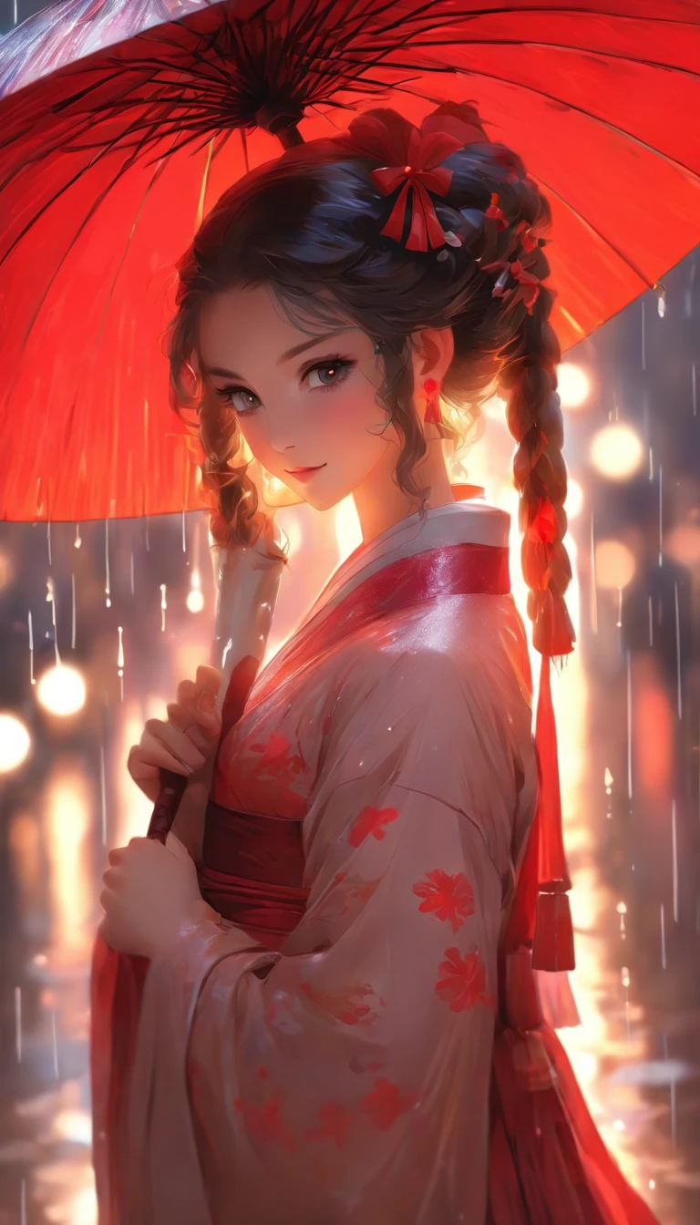 there is a woman with a red umbrella in the rain, guweiz, artwork in the style of guweiz, palace ， a girl in hanfu, by Fan Qi, guweiz on pixiv artstation, kawaii realistic portrait, guweiz masterpiece, beautiful anime portrait, guweiz on artstation pixiv, by Li Fangying, cute portrait