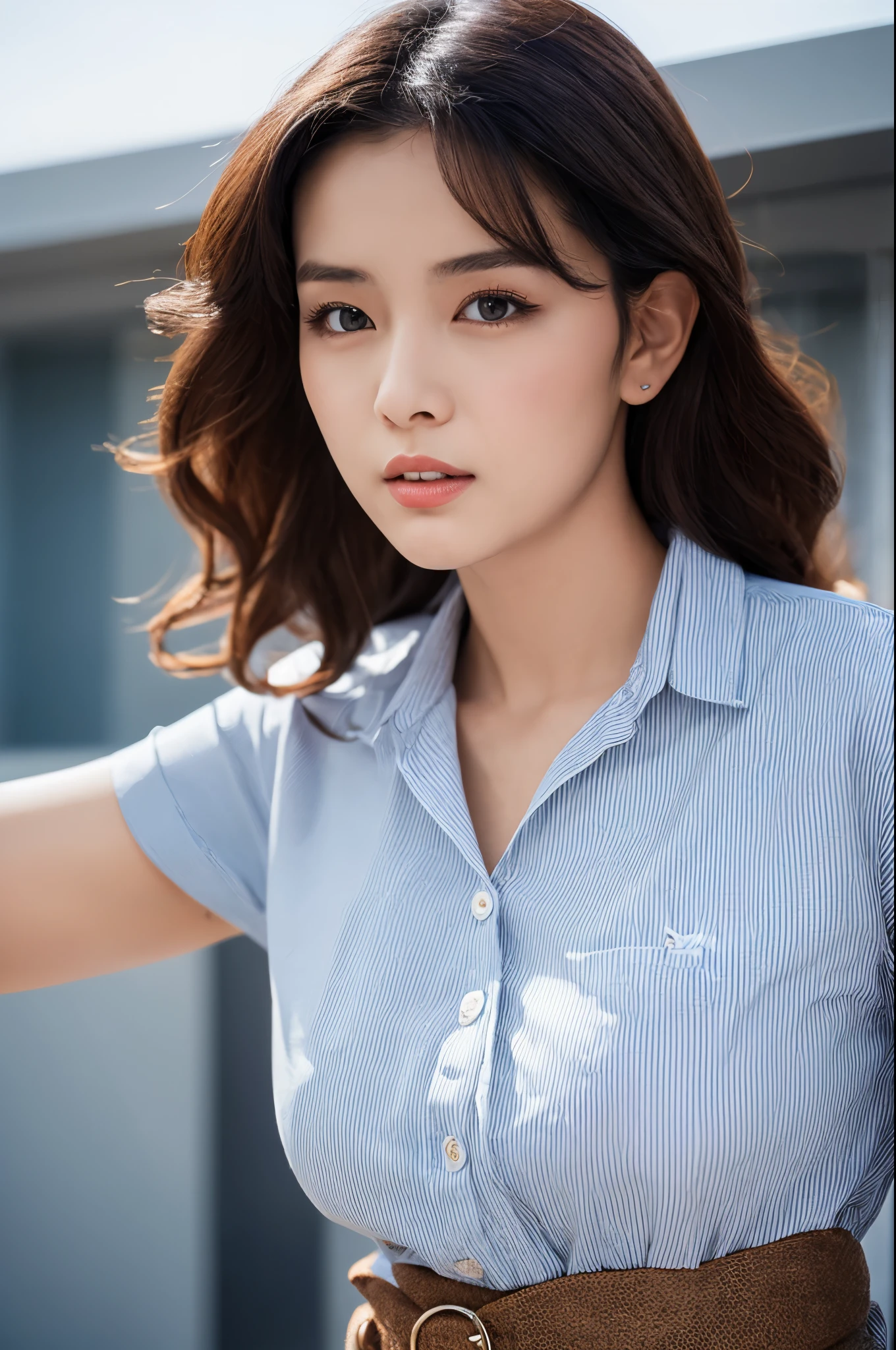 (Best quality, High resolution, Masterpiece :1.3), A skinny Japanese lady, cute face, Slender abs, Dark brown hair styled in loose waves, Small breasts, Very thin waist, Wearing pendant, White button up shirt, Belt, Black skirt, (Modern architecture in background), Details exquisitely rendered in the face and skin texture, Detailed eyes, Double eyelid
