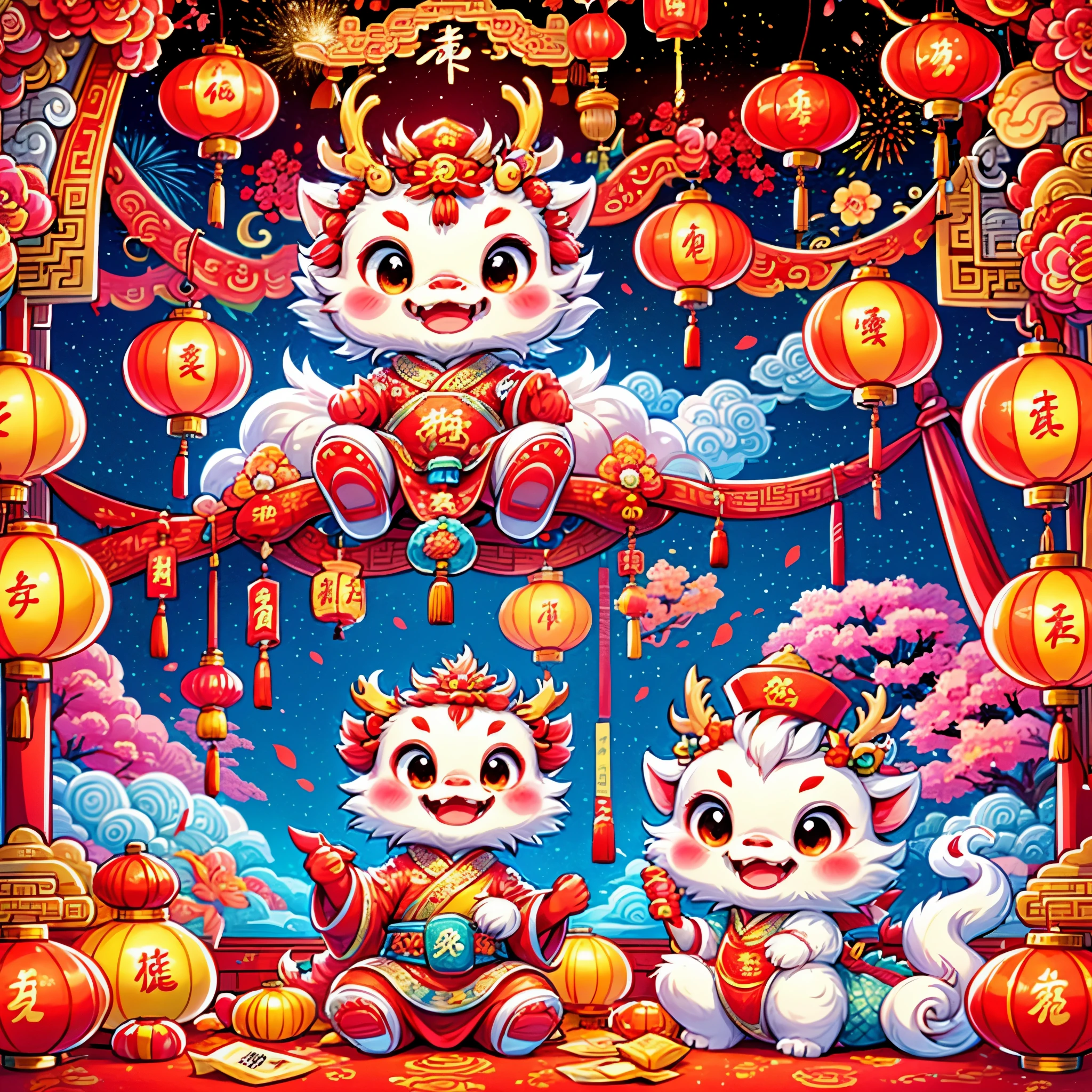 (摄影: 1.3), Create a 3D-rendered, Pixar-style illustration of a Cute Chinese Dragon sitting on the ground, wearing a Chinese God of Wealth hat and dressed in traditional Chinese attire. The ground is abundantly covered with red envelopes and gold coins, surrounded by various Chinese New Year festive items. The background depicts a joyous and festive Chinese New Year atmosphere, including traditional Chinese architecture, fireworks, firecrackers, lanterns, and Spring Festival couplets. The dragon has a joyful and happy facial expression.