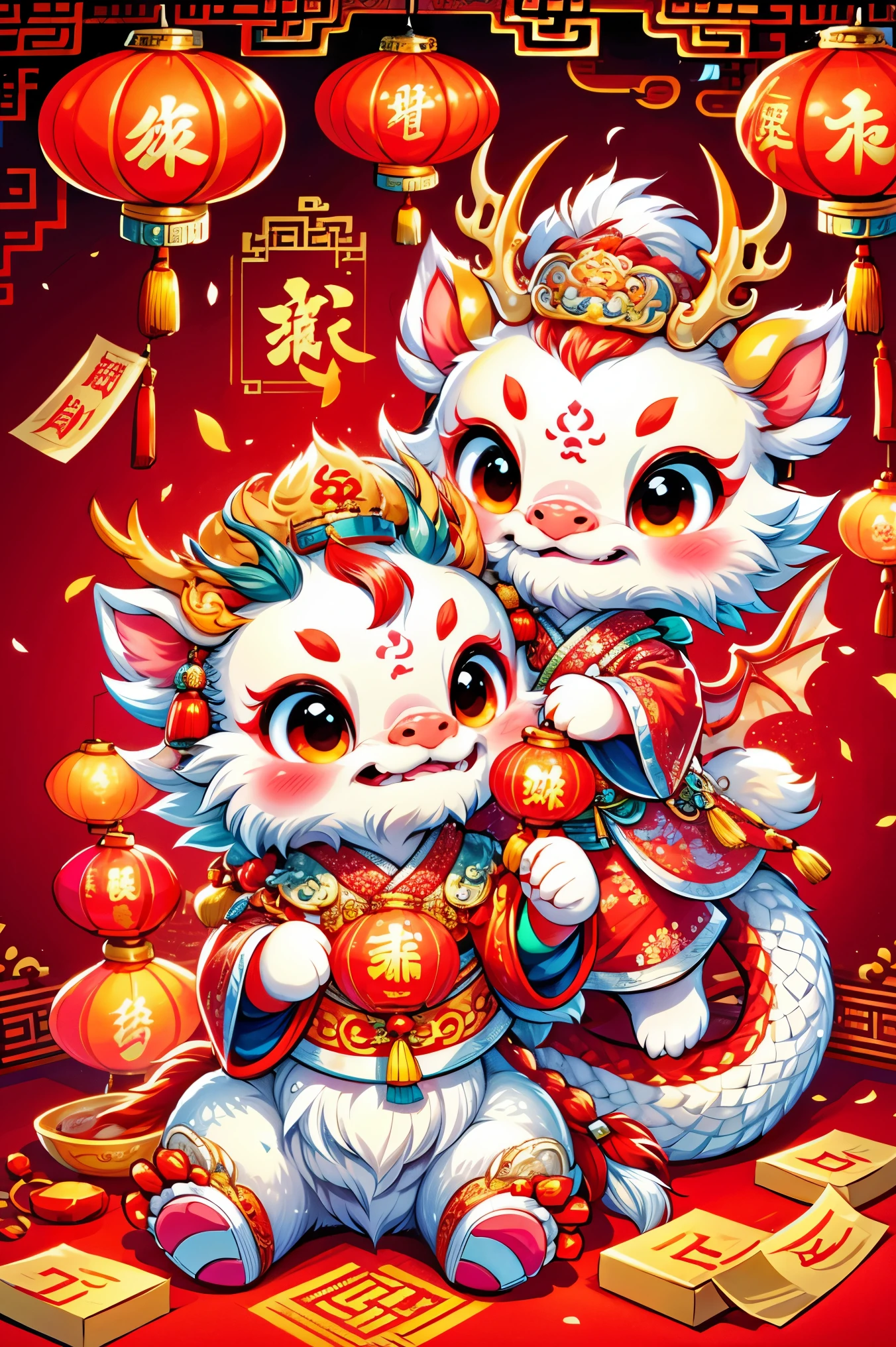 (摄影: 1.3), Create a 3D-rendered, Pixar-style illustration of a Cute Chinese Dragon sitting on the ground, wearing a Chinese God of Wealth hat and dressed in traditional Chinese attire. The ground is abundantly covered with red envelopes and gold coins, surrounded by various Chinese New Year festive items. The background depicts a joyous and festive Chinese New Year atmosphere, including traditional Chinese architecture, fireworks, firecrackers, lanterns, and Spring Festival couplets. The dragon has a joyful and happy facial expression.