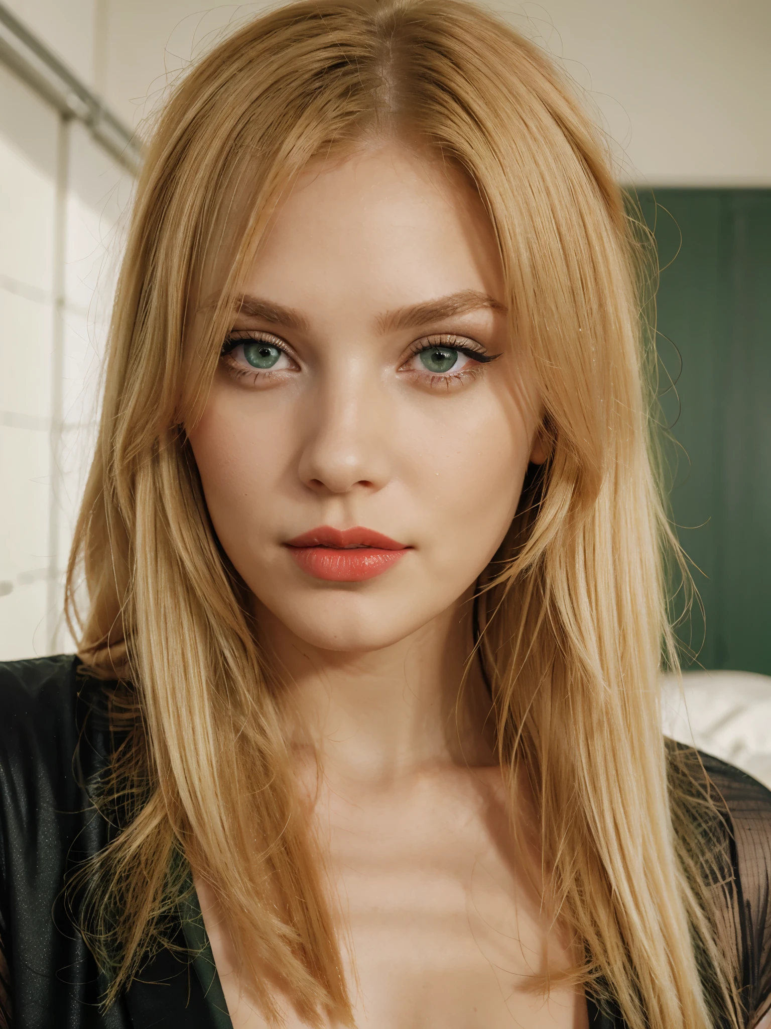 green eyed woman red lips blonde hair