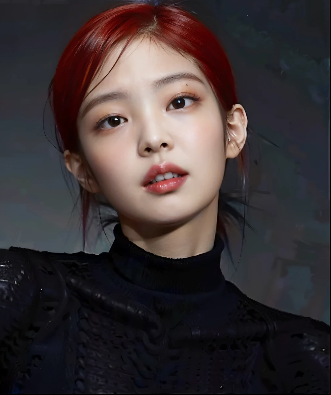 a woman with red hair and a black turtleneck sweater, heonhwa choe, parque roseanne de blackpink, aparcar desde-min, portrait of jossi de blackpink, lee ji - eun, lee ji-eun, jossi de blackpink, TaeJune Kim, kwak ji joven, sol yunjoo, seson yoon, foto de perfil en la cabeza, Jinyoung Shin