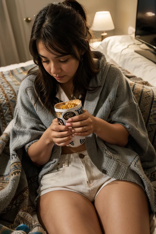 8k, highest quality, ultra details, hispanic girl, enjoying a movie night at home, surrounded by cozy blankets and snacks, doing something interesting.