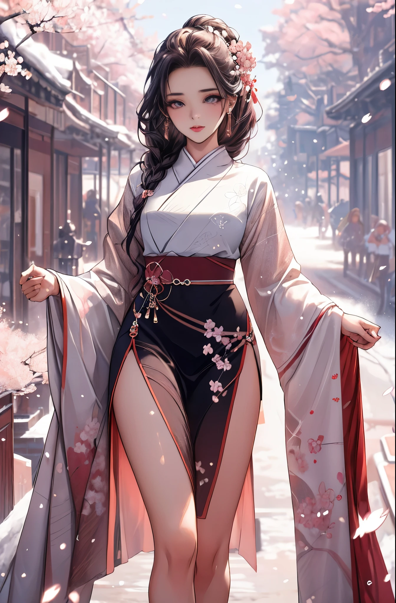masterpiece, highest quality, 8K, High resolution, become familiar with, Beautiful woman, clear eyes, clearly drawn face, beautiful and well-shaped face, long eyelashes, shiny thighs, sexy pose, perfect proportions, toned body, it's snowing, A path lined with flourishing cherry blossom trees, Beautiful cherry blossoms,