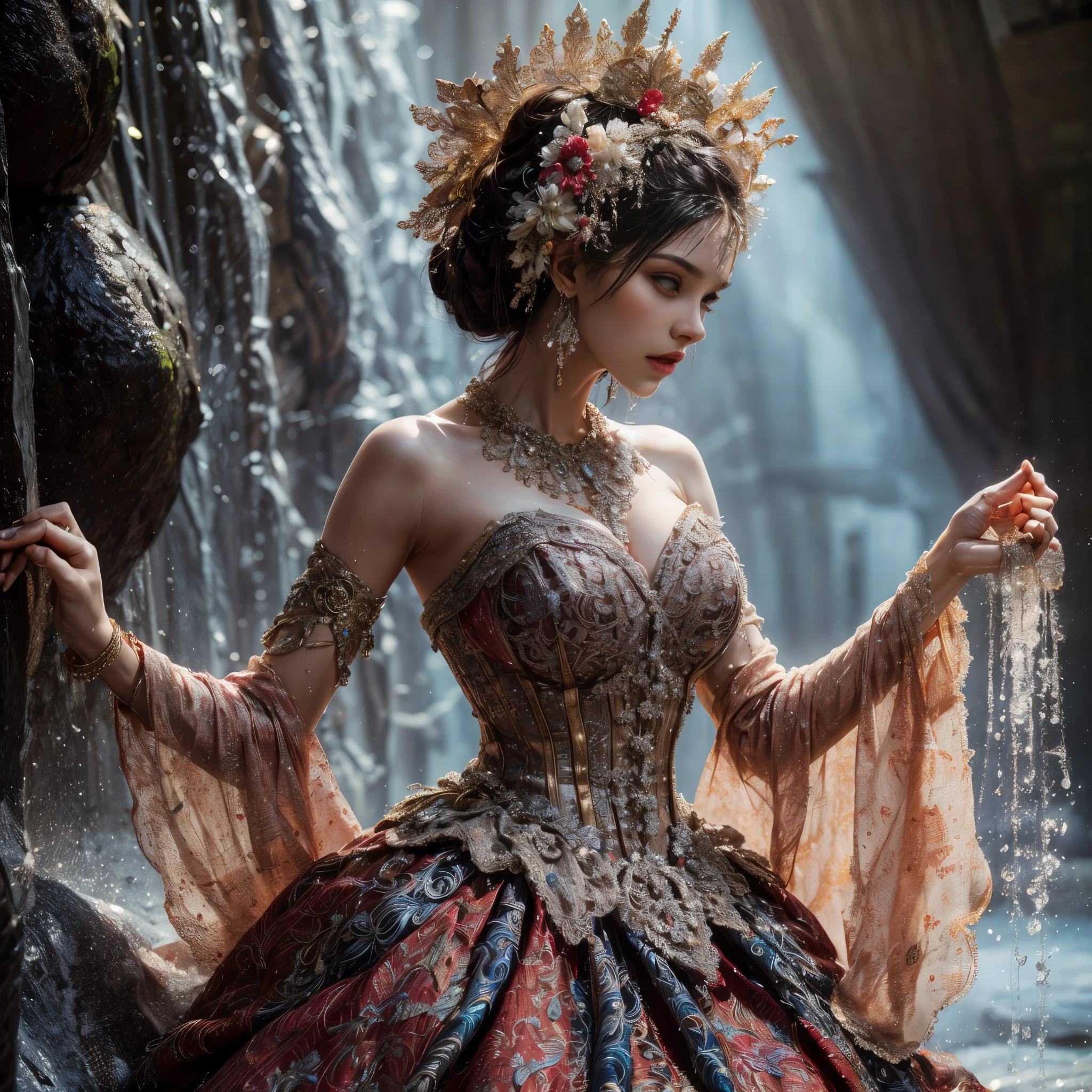 arafed woman with bustier gigantic breast in a corset and dress in front of a building, wearing an ornate outfit, ornate dress, intricate dress, elegant corset, ornate and elegant, extravagant dress, inspired by Hedi Xandt, ornate attire, intricate outfit, ornate royal gown, ornate clothing, ornate gown, intricate and elegant, intricate detailed dress, ornate , royal dress,  masterpiece, best quality:1.2),,(8k,highres,RAW photo,realistic,photo-realistic:1.3),(detailed skin texture,detailed cloth texture,beautiful detailed face:1.25),professional lighting,photon mapping,beautiful soft light,radiosity,physically-based rendering,raytracing, model shoot style, model shoot style, (extremely detailed CG unity 8k wallpaper), full shot body photo of the most beautiful artwork in the world,