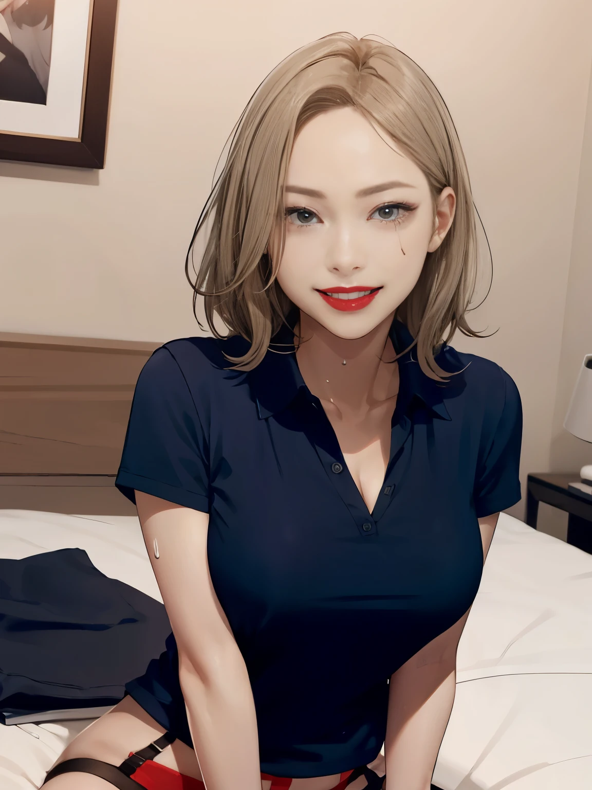 lively、25 years old、polo shirt、garter belt、smile、cleavage emphasis,sweaty face,messy hair,Breathless face,sit on the bed,While looking at this,face zoom,red lips